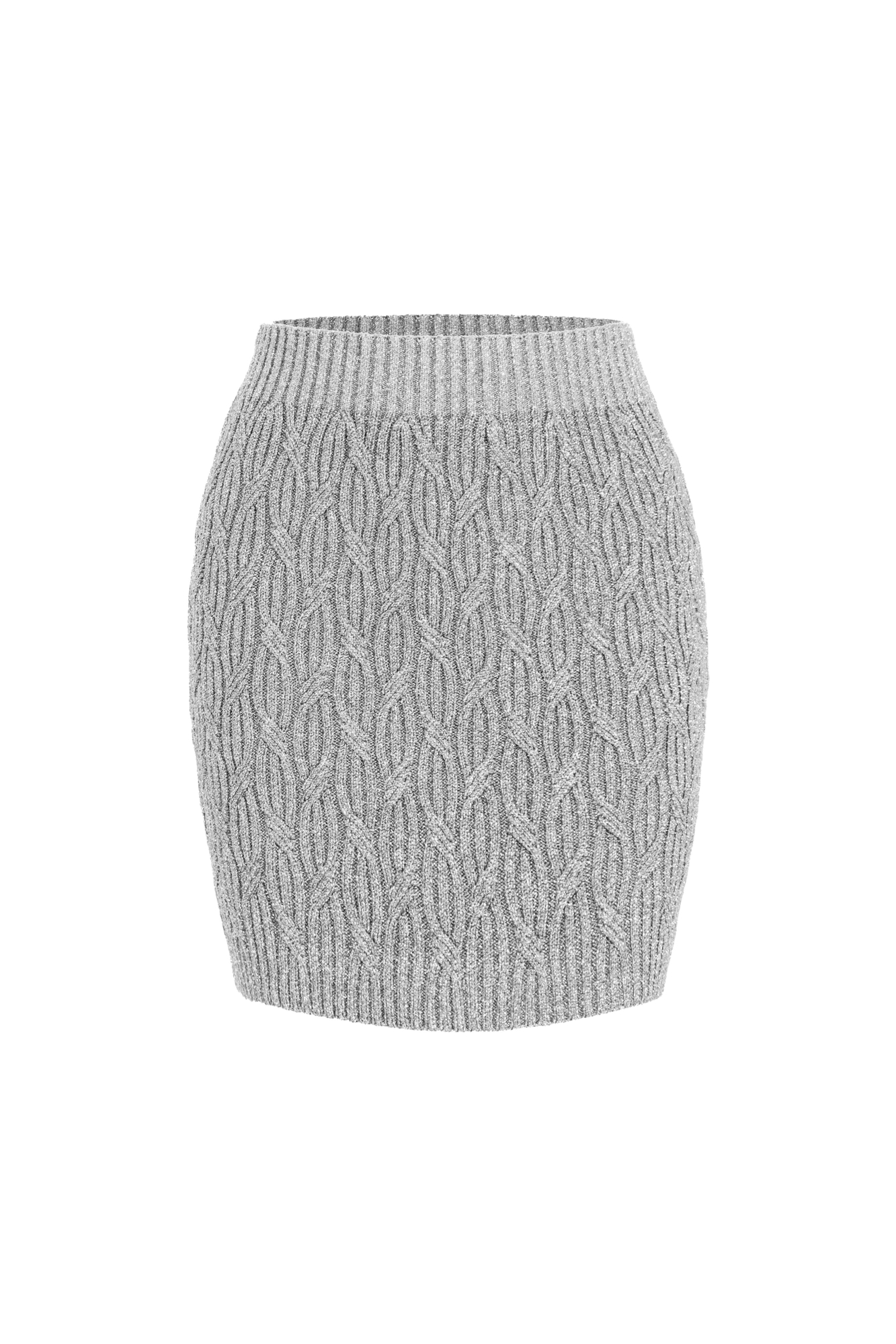 Трикотажная юбка длины мини из вискозы с рельефным узором с добавлением люрекса. Модель приталенного силуэта с эластичным поясом в рубчик.