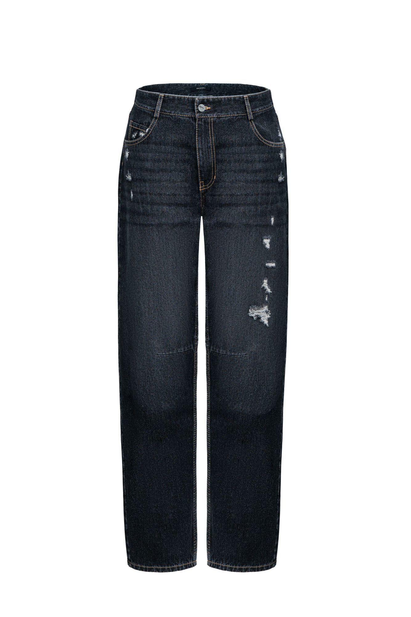 Джинсы из 100% хлопка со средней посадкой. Модель прямого силуэта с разрезами в стиле гранж и эффектом потертости. Застежка на молнию и пуговицу.