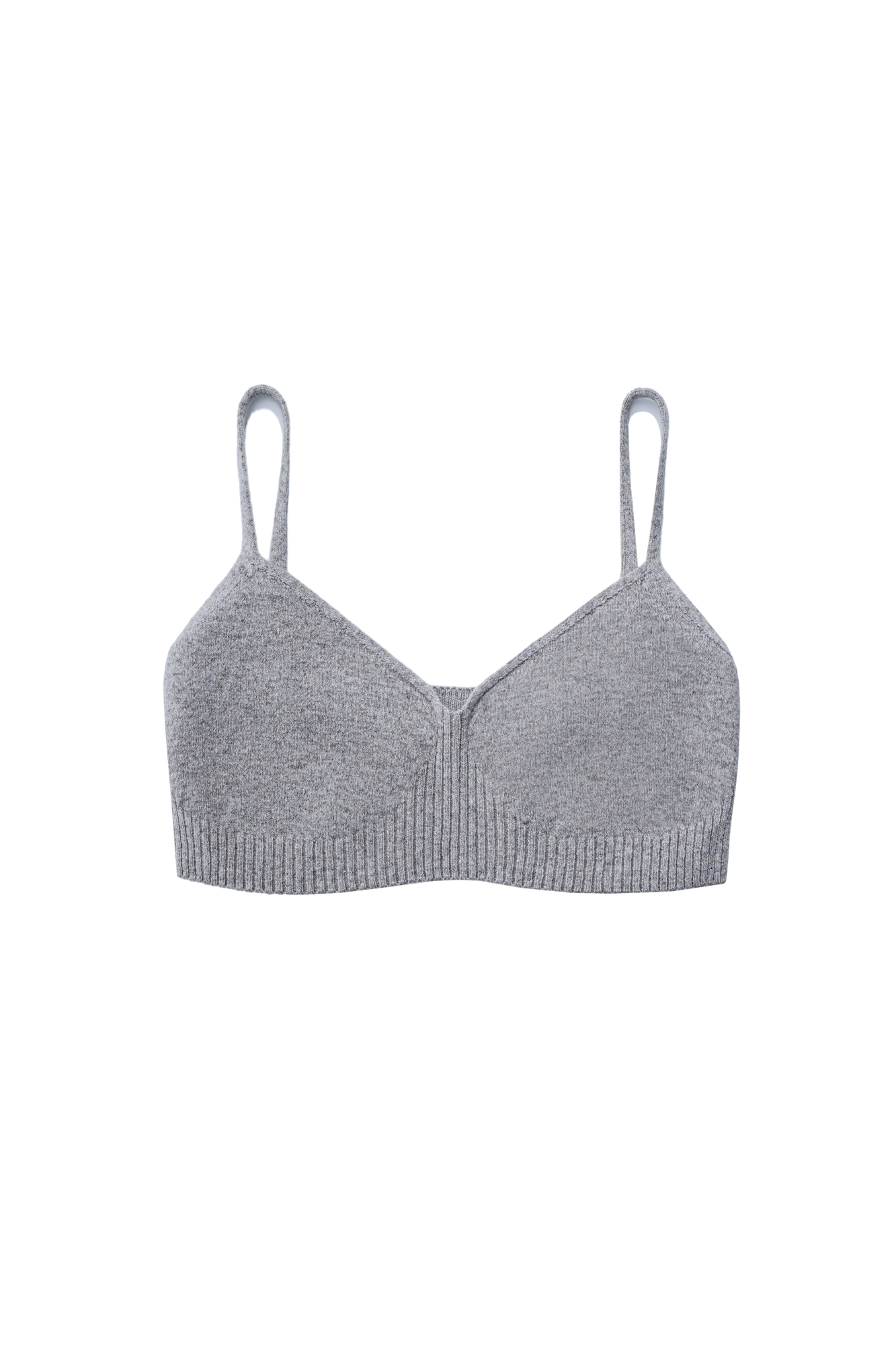 Базовый трикотажный топ, выполненный из кашемира и шерсти. Модель на тонких бретельках. вывязанными чашечками и эластичной резинкой в рубчик.