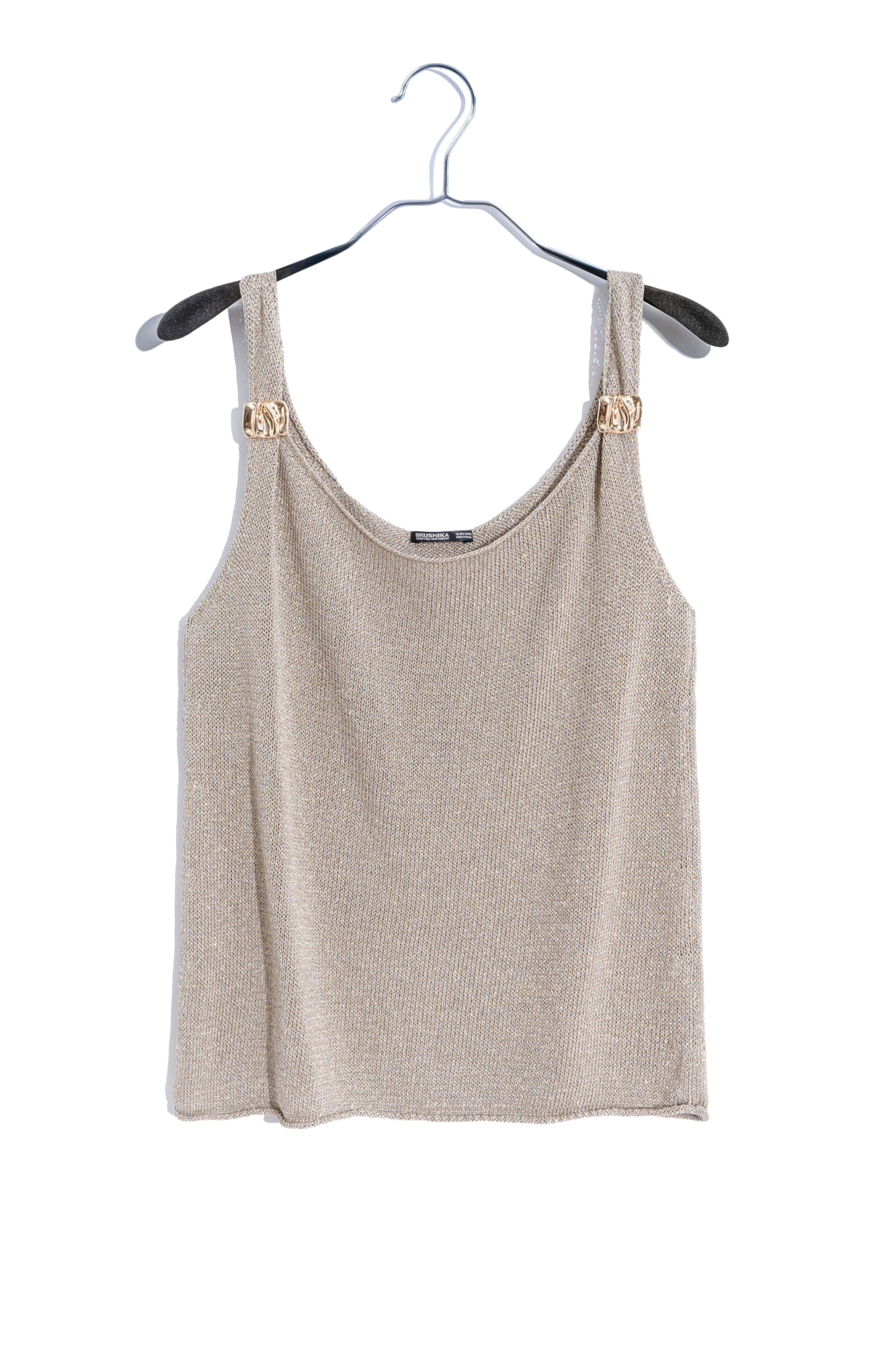 Трикотажный топ из вискозы с люрексом. Модель с широкими бретелями, декорированными металлическими элементами.