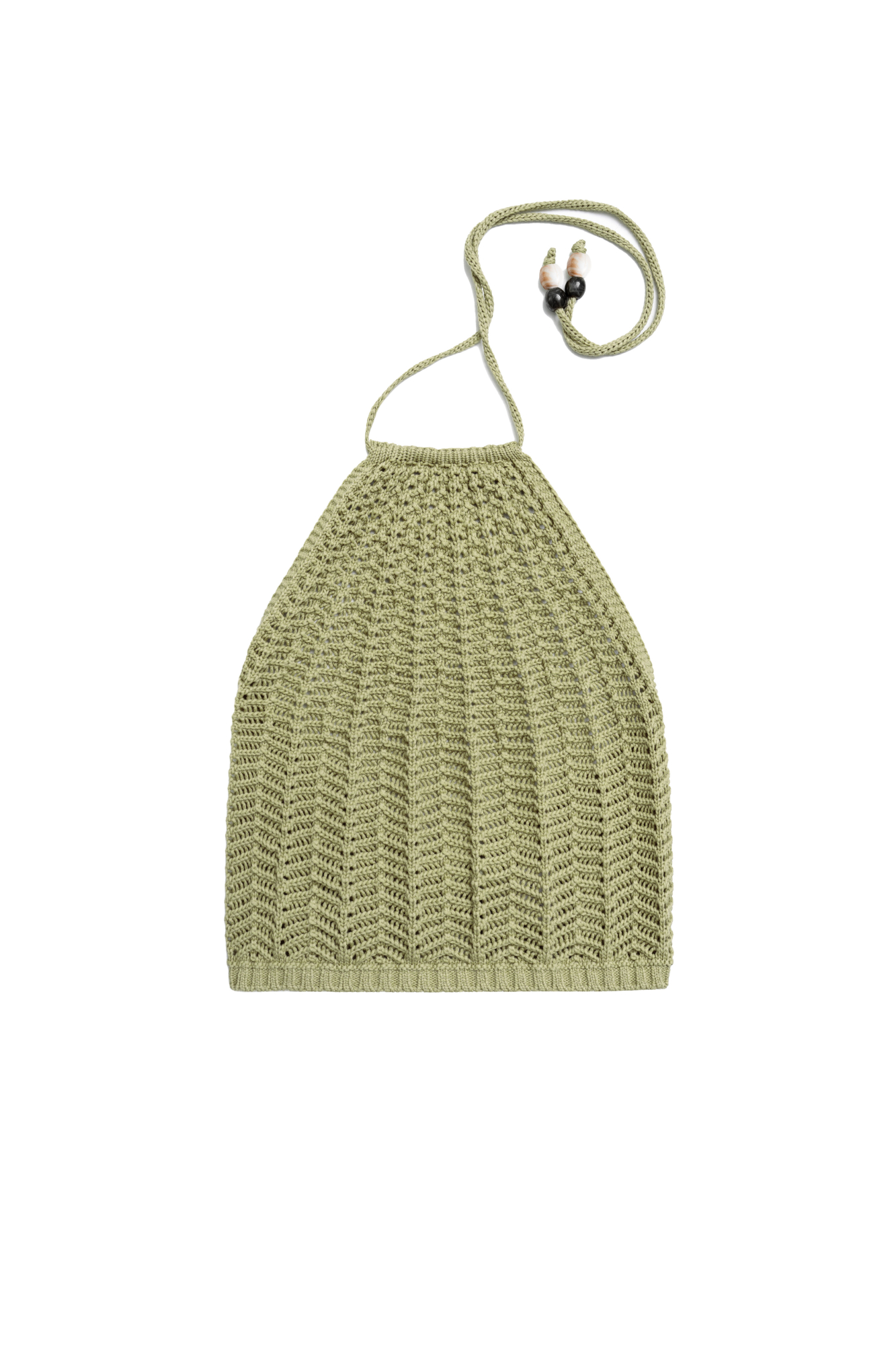 Трикотажный топ из хлопка. Модель без рукавов, с открытой спиной и вырезом халтер с завязками, декорированными бусинами. Вязка выполнена узором "ёлочка".