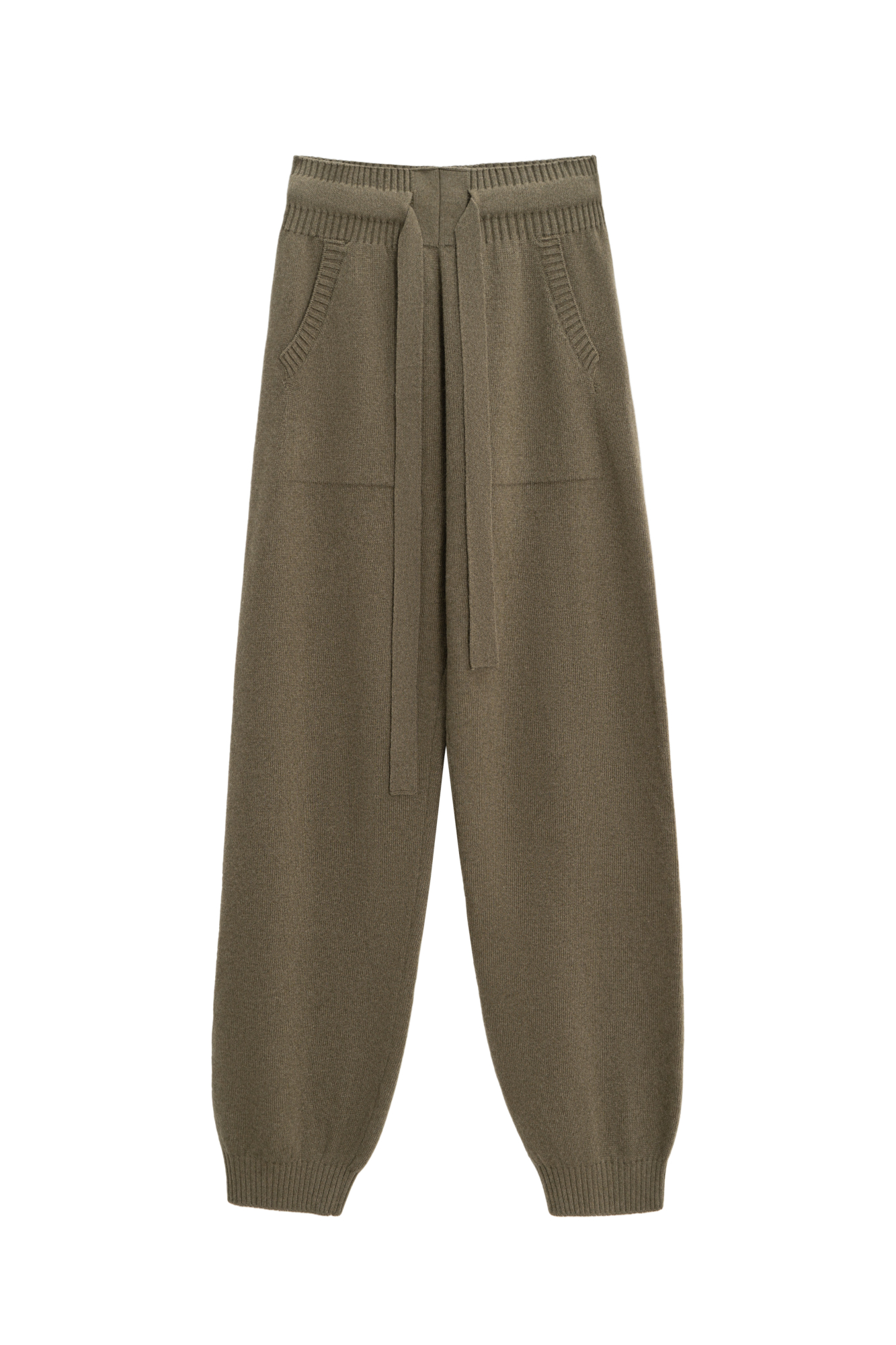 Трикотажные брюки-джоггеры из кашемира и шерсти. Модель с широким эластичным поясом на кулиске, манжетами на резинке и боковыми карманами.