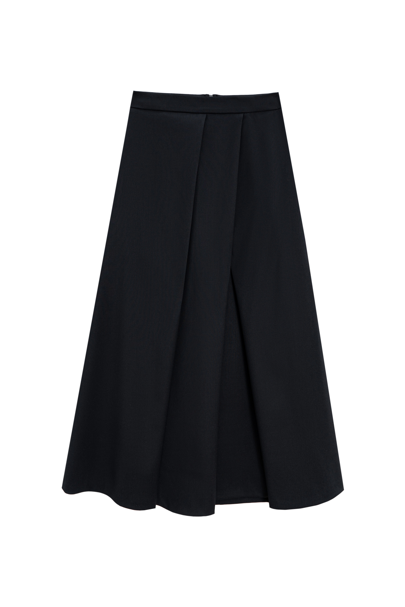 Юбка длины миди из шерсти. Модель А-силуэта с крупными косыми складками спереди. Застежка на молнию сзади. Изделие без подкладки.