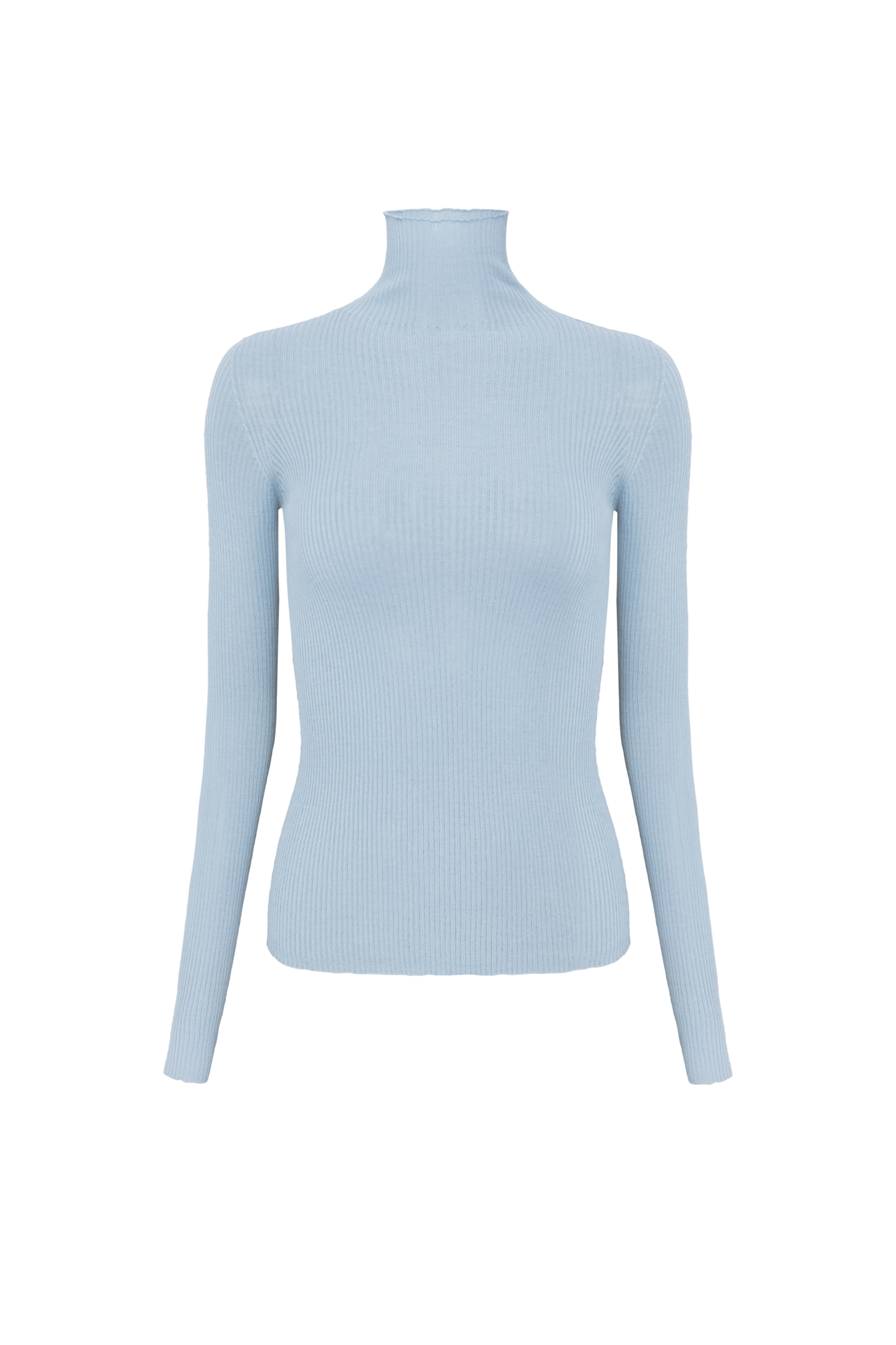 Бесшовная трикотажная водолазка из шерсти мериноса экстрафайн. Модель приталенного силуэта, с длинными рукавами и высоким воротником-стойкой.