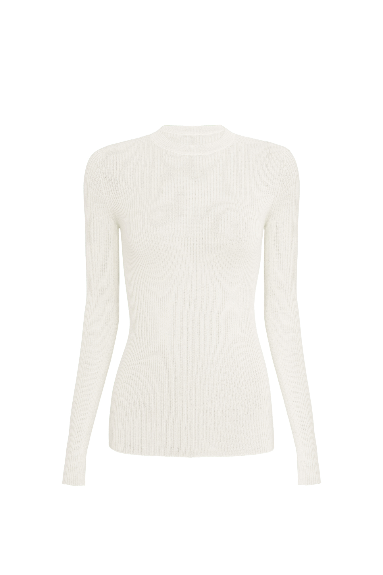 Цельновязаная полупрозрачная водолазка из шерсти. Модель с длинными рукавами и круглым вырезом. Изделие выполнено в рубчик. 