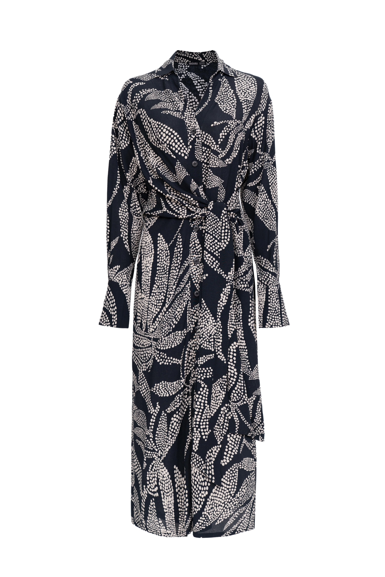 Принтованное платье-рубашка из вискозы с драпировкой на талии и поясом.