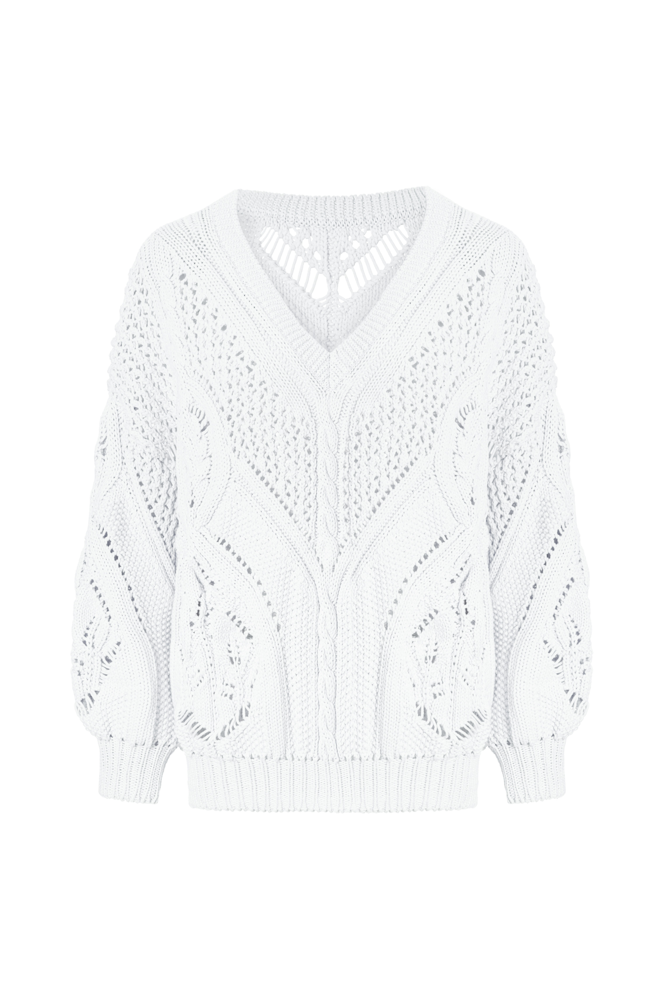 Ажурный джемпер из хлопка с V-образным вырезом. Свободная посадка, длинный рукав с манжетами. Джемпер станет прекрасным дополнением к брюкам и к юбке, а фасон позволяет носить джемпер как вырезом на груди, так и на спине.