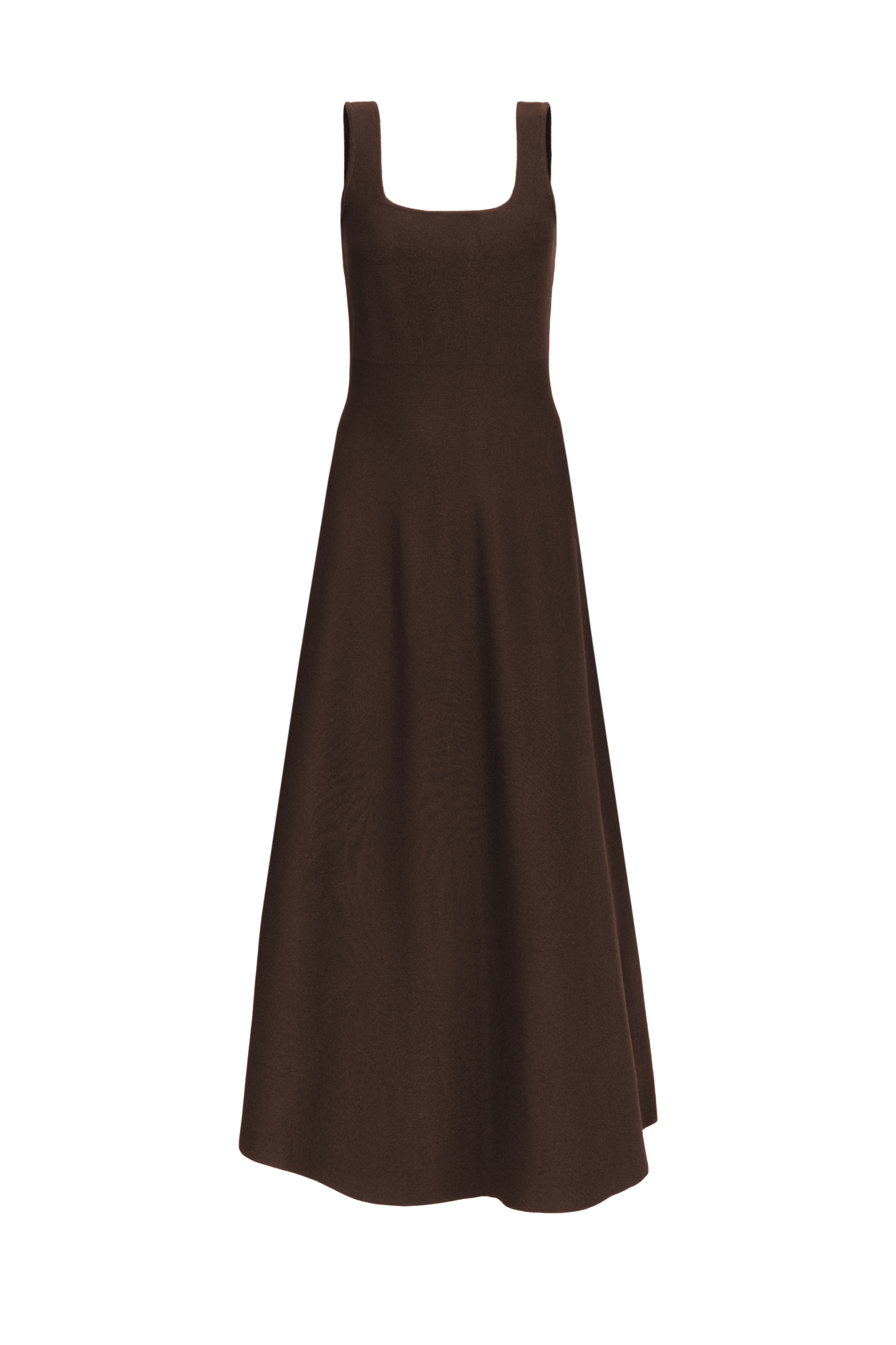 Трикотажное платье длины миди из плотной вискозы. Модель без рукавов, на широких бретелях и юбкой А-силуэта. Застежка на молнию сзади.