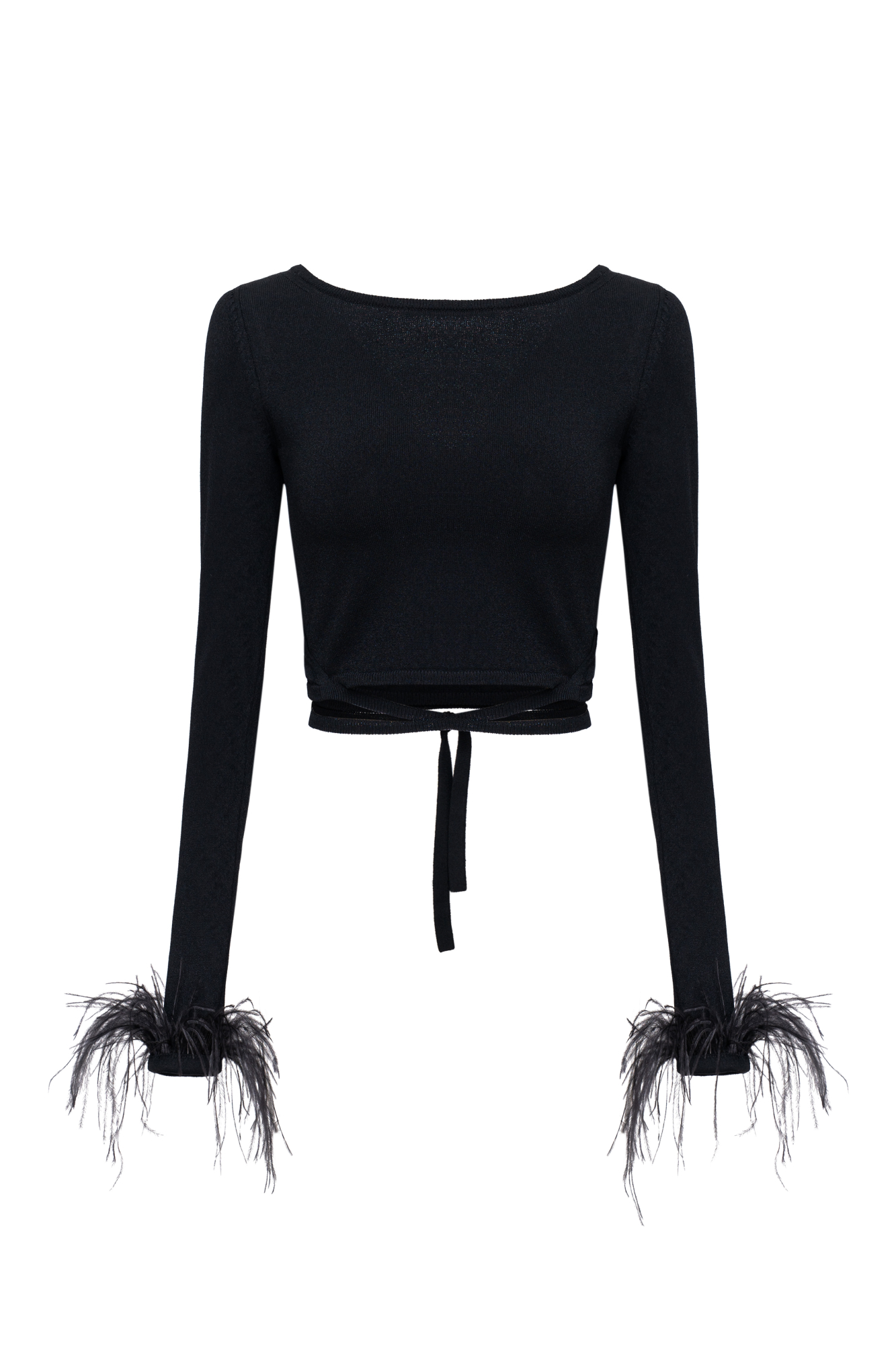 Топ с длинным рукавом из вискозы. Длинная завязка с перекрутом, перья на манжетах.