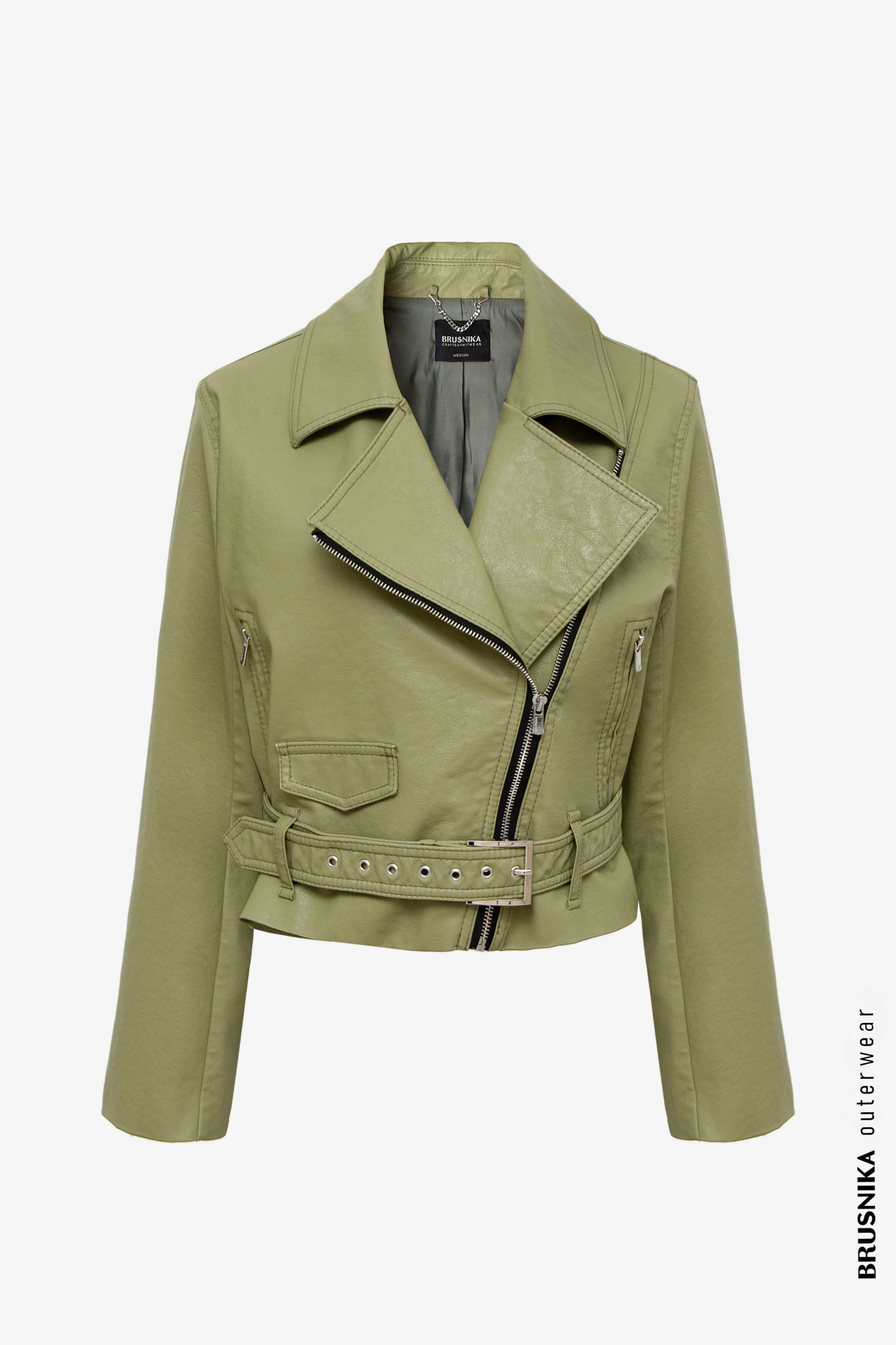 Укороченная куртка из эко-кожи с карманом сбоку. Застежка на молнии.