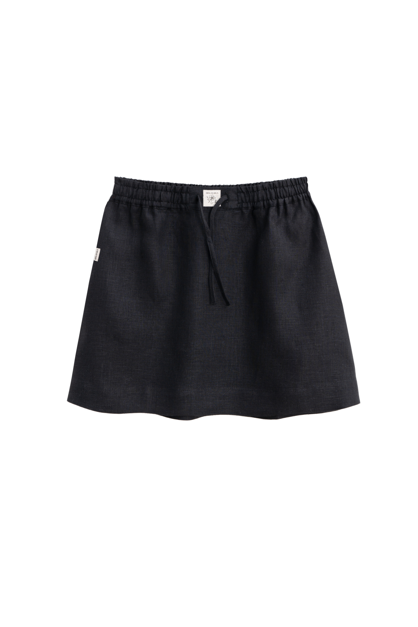 Юбка длины мини из 100% льна. Модель А-силуэта, с широким эластичным поясом на кулиске. Изделие декорировано&nbsp;&nbsp;брендированным ярлыком. 