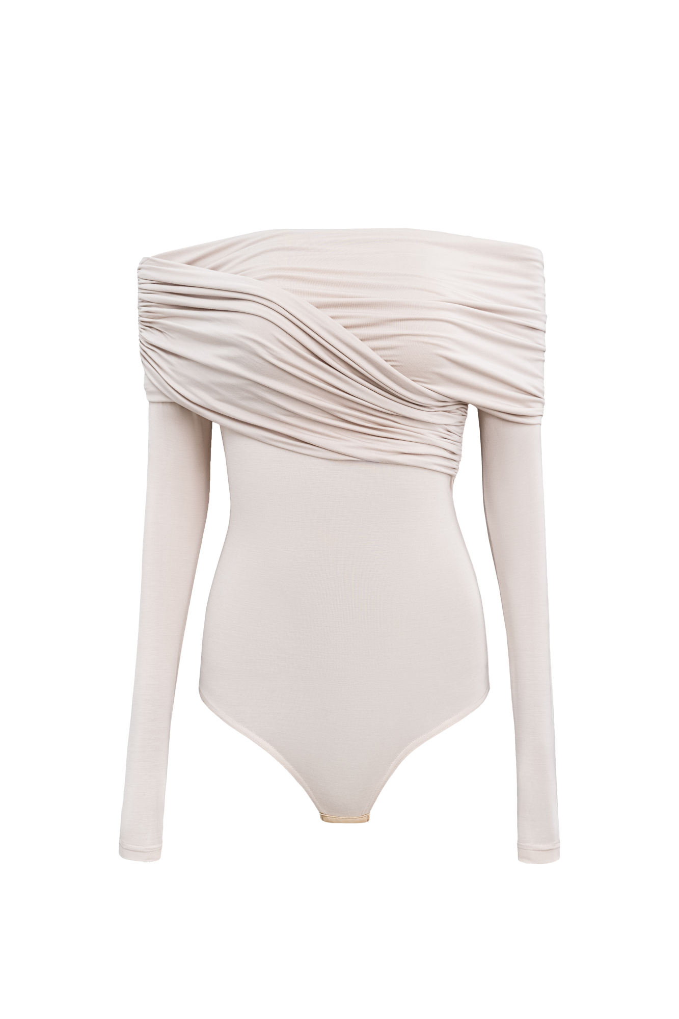 Боди из модала с драпировкой на груди. Модель приталенного силуэта, с длинным рукавом, открытой линией плеч и застежкой на бельевые крючки.