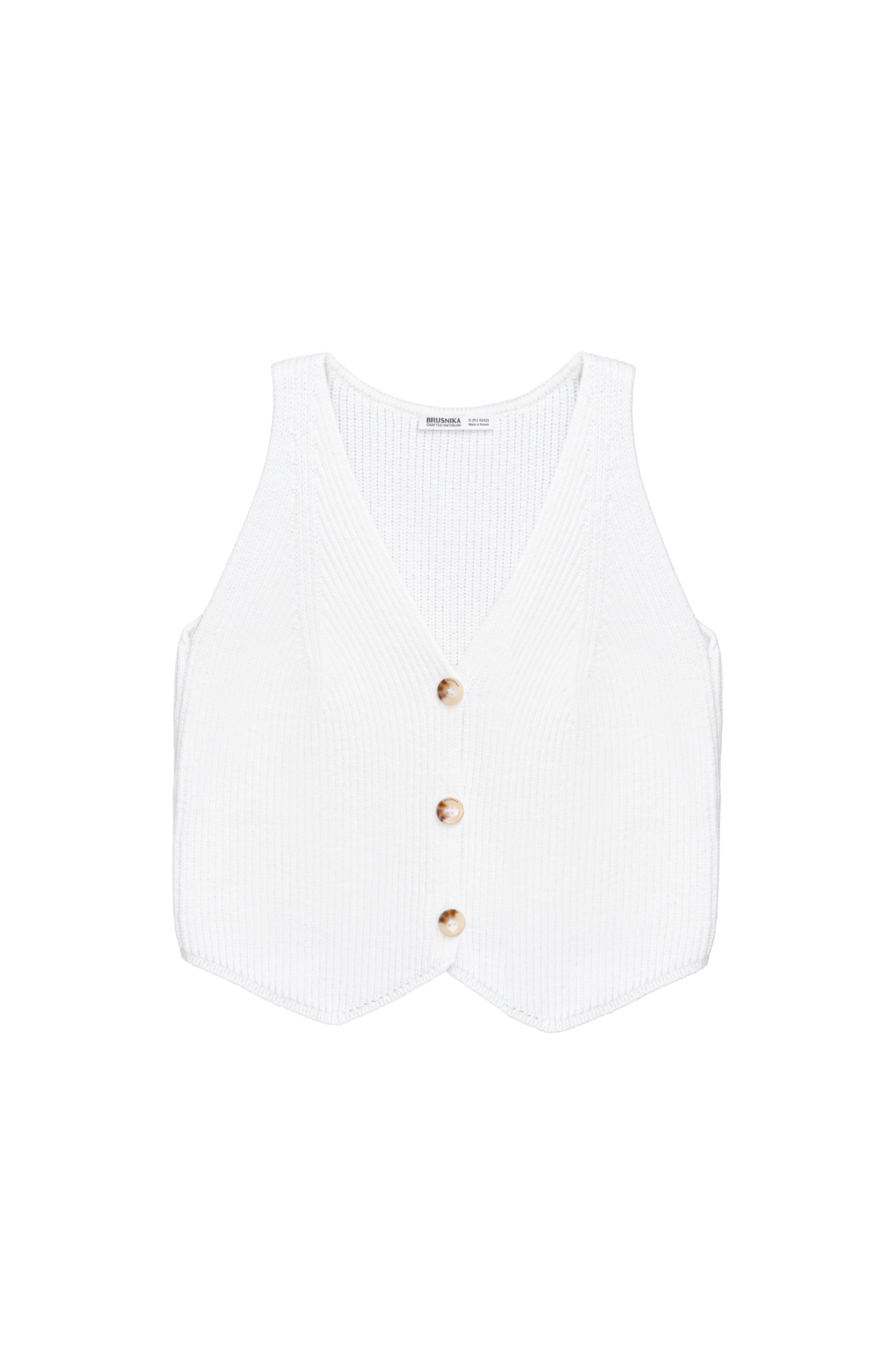 Трикотажный жилет из хлопка. Модель прямого кроя с V-образным вырезом и застежкой на пуговицы. Дополнить образ можно юбкой в таком же стиле.