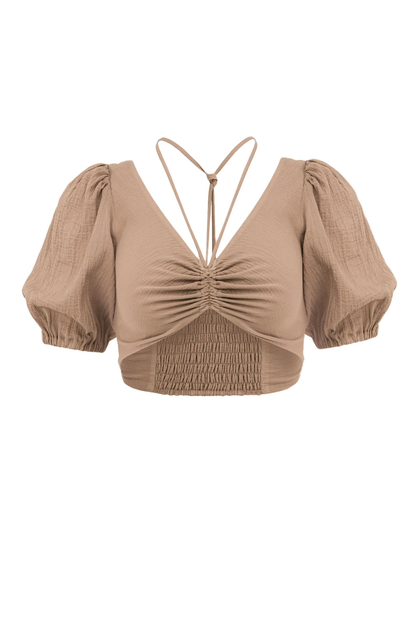 Короткий топ из 100% хлопка на тонкой кулиске вокруг шеи, рукава-фонарики.