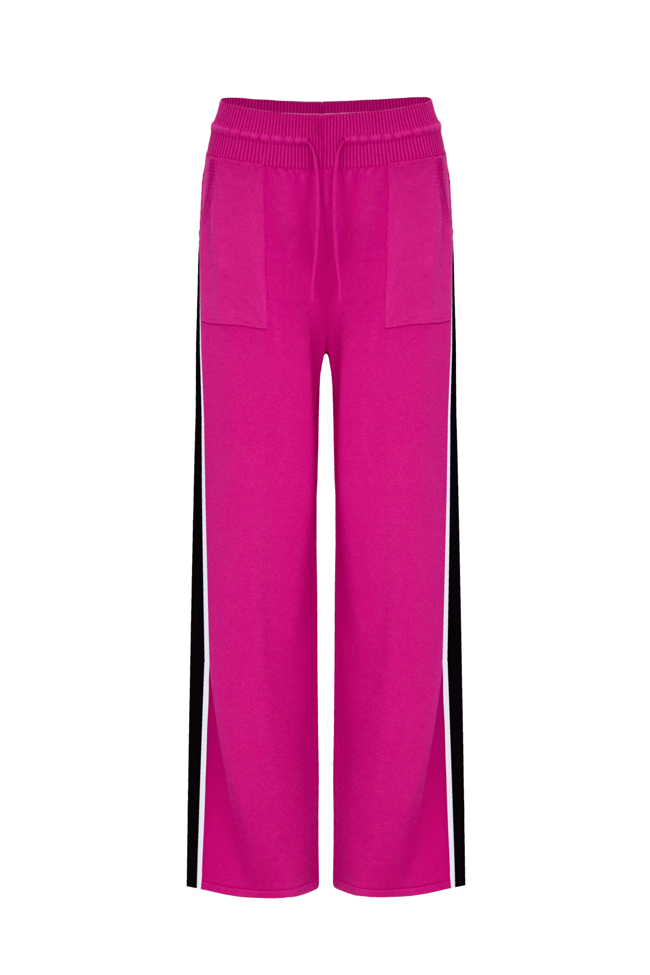 Широкие брюки из вискозы с двухцветным лампасом и надписью внизу. Пояс на эластичной ленте с кулиской и боковые карманы.