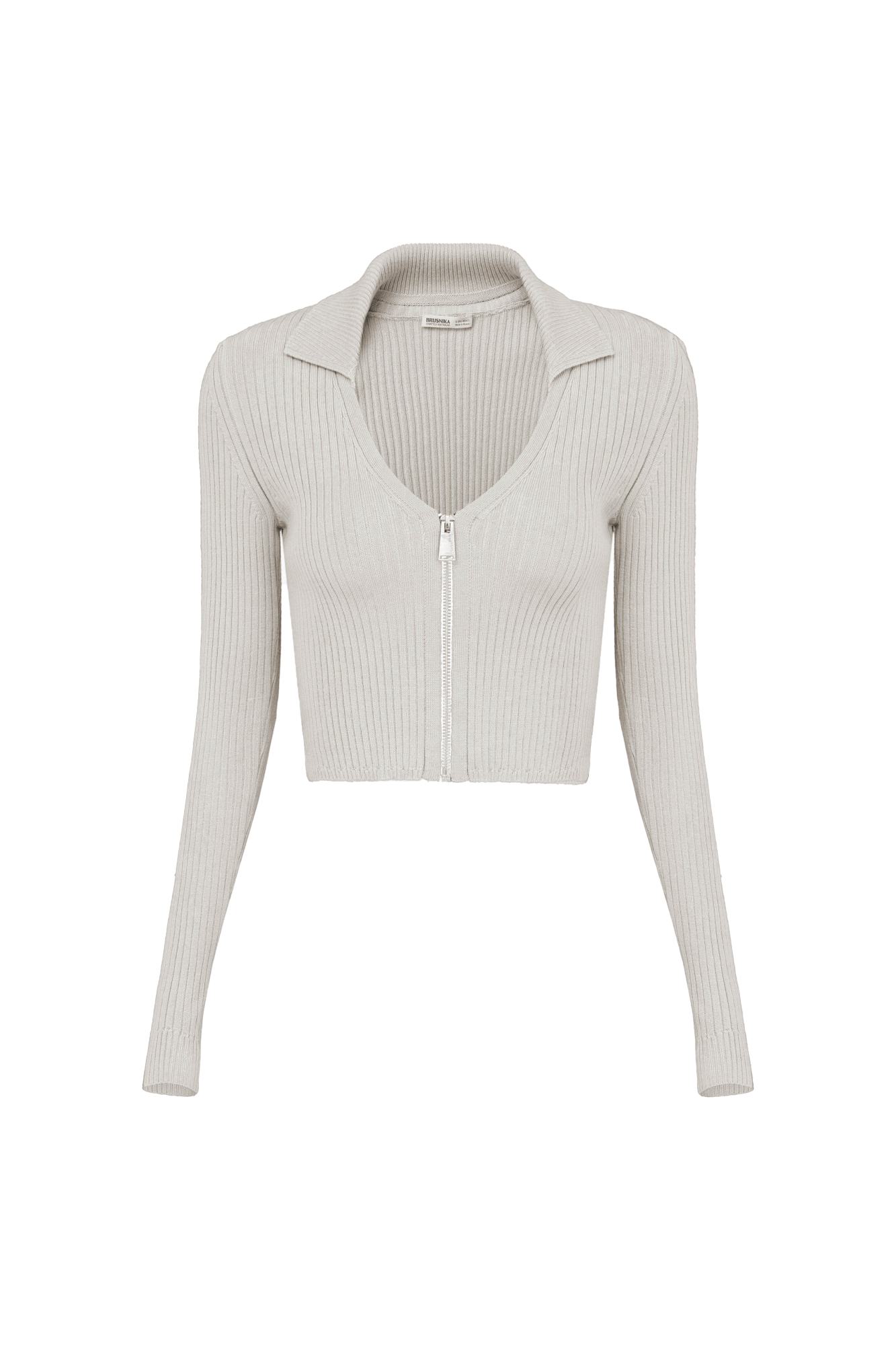 Укороченный кардиган на молнии. Модель приталенного силуэта с отложным воротником и застежкой на молнию.