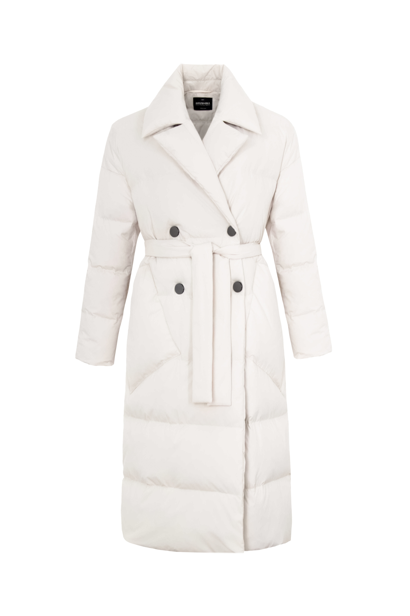 Двубортный пуховик на запах с поясом. Средний показатель водонепроницаемости, можно носить в сухую погоду или моросящий дождик.