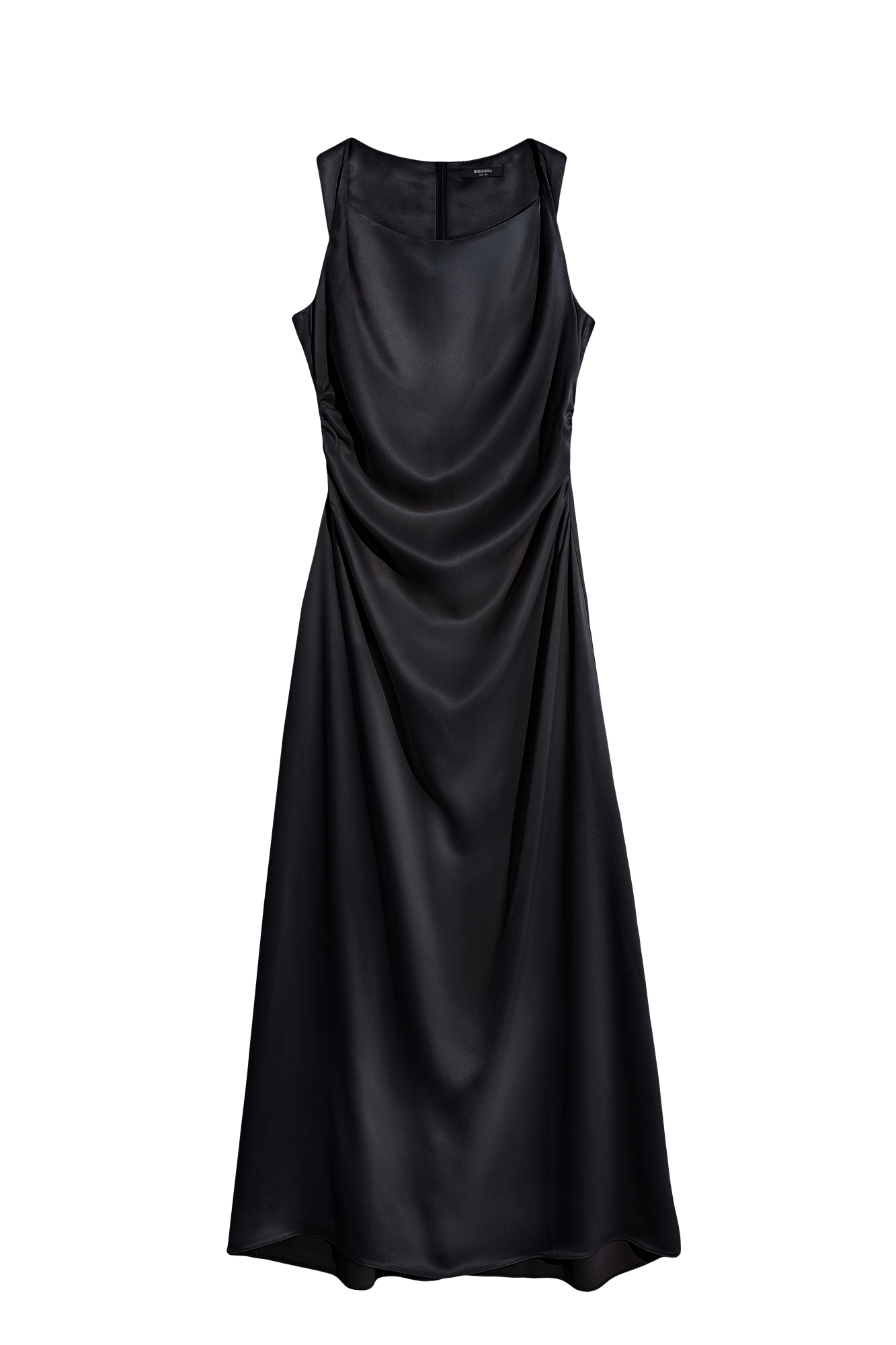 Атласное платье длины миди из 100% вискозы. Модель приталенного силуэта, без рукавов, с перекрутом на плечах и драпировкой. Застежка на молнию сзади.