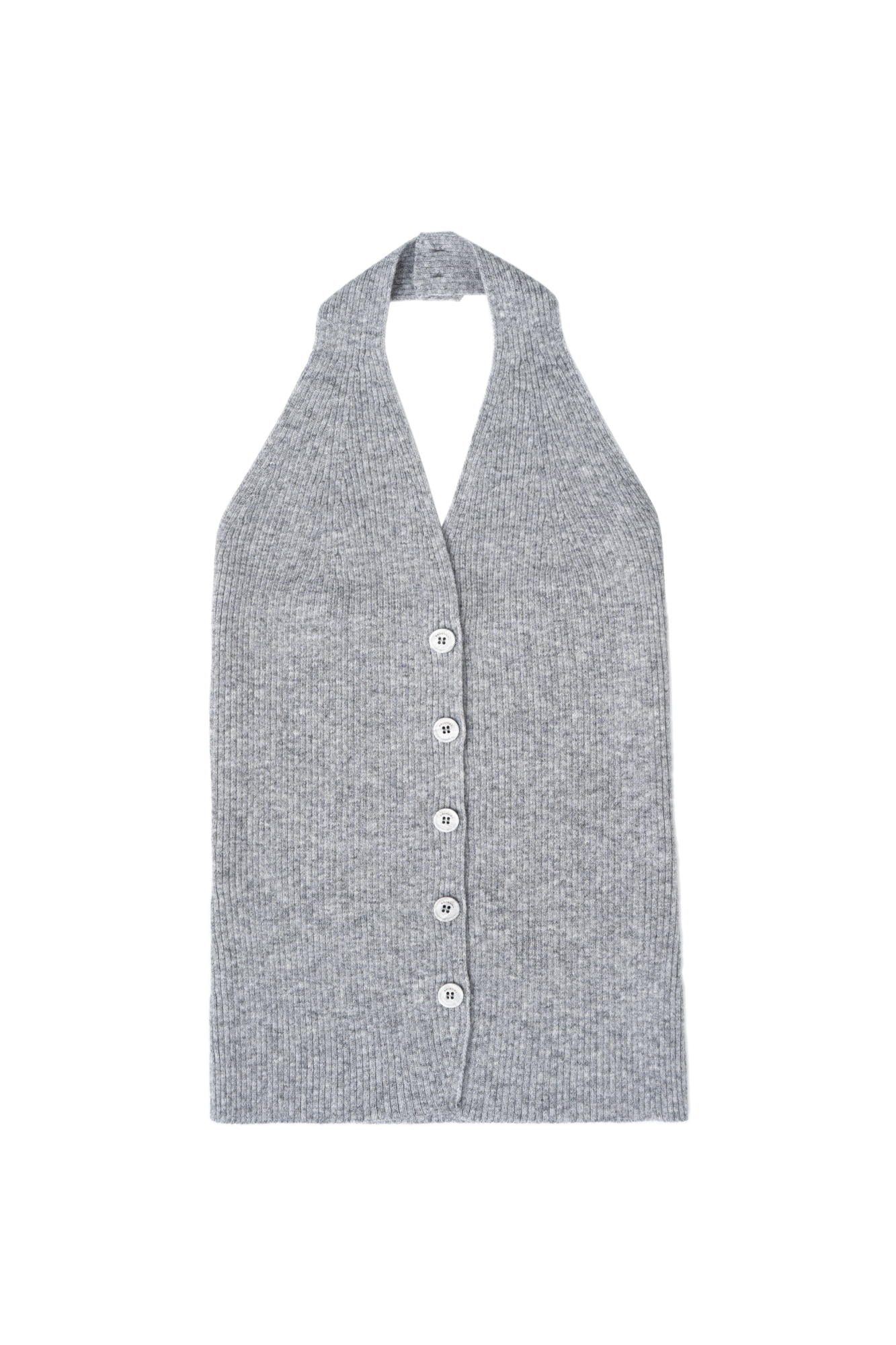 Трикотажный жилет в рубчик из шерсти и кашемира. Модель по фигуре с V-образным вырезом и американской проймой. Застежка на пуговицы.