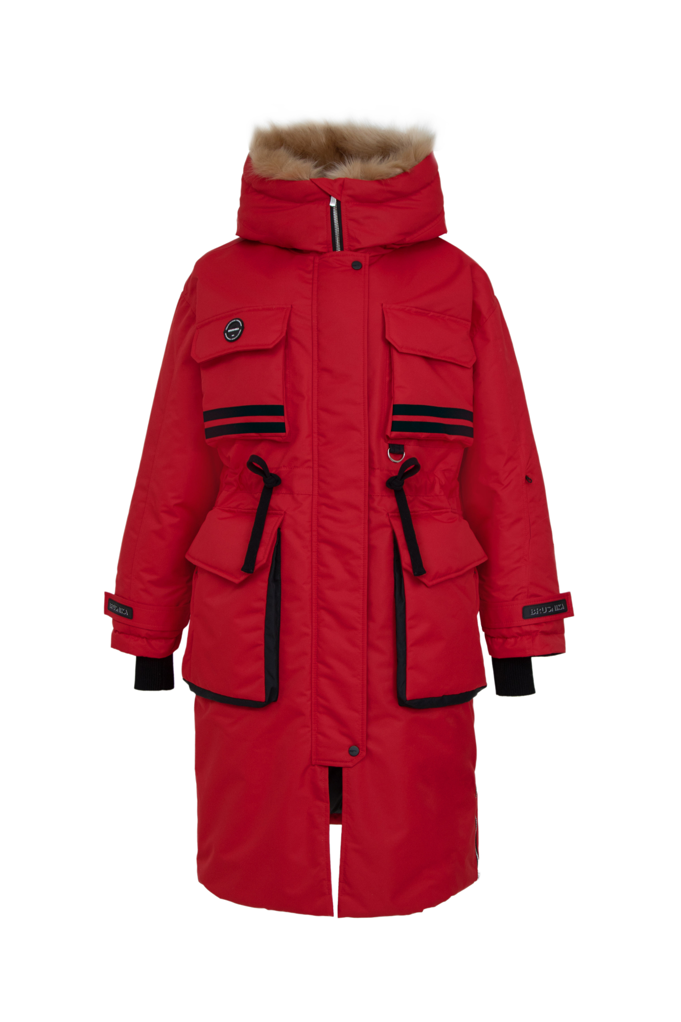 Удлиненная куртка на молнии с капюшоном из экомеха, наполнитель пух-перо, внутренняя кулиска на талии, накладные карманы спереди, фиксаторами на манжетах. Хороший показатель водонепроницаемости, выдержит слабый дождь и мокрый снег.