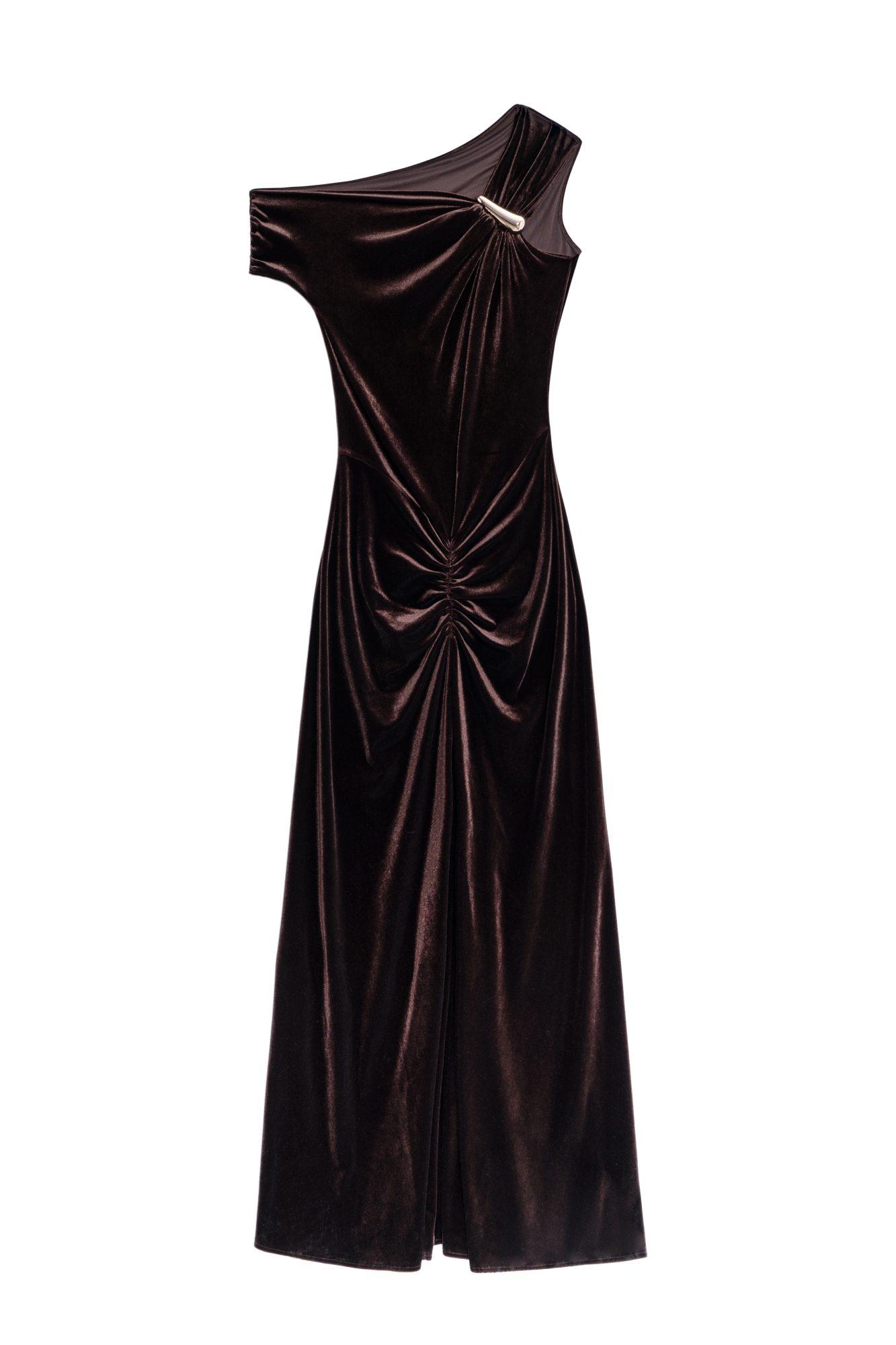 Вечернее платье длины макси из бархатной вискозы. Модель асимметричного кроя с одним коротким рукавом и перемычкой на плече. Изделие декорировано драпировкой.