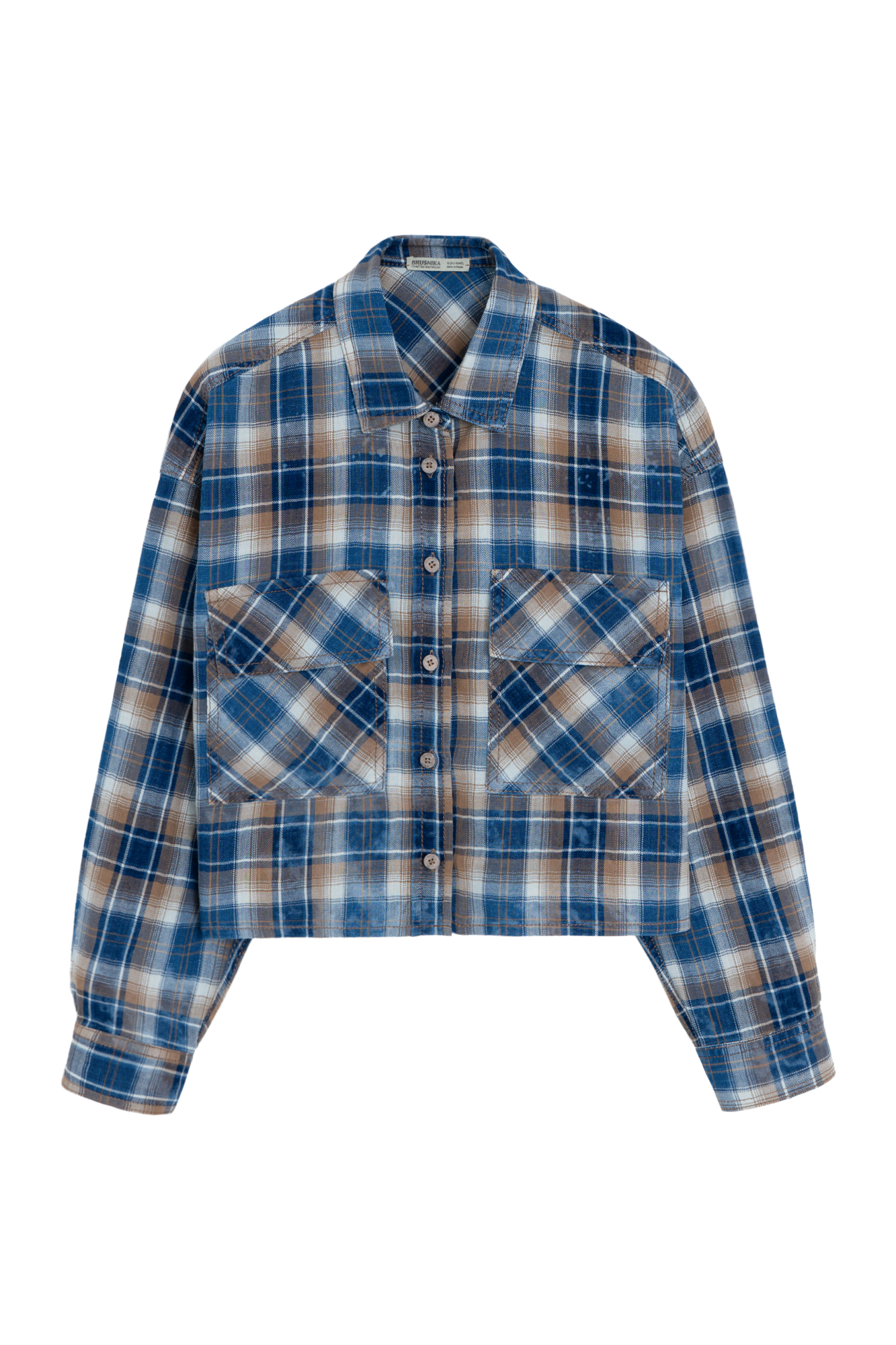 Укороченная рубашка свободного кроя из хлопка в клетку. Отложной воротник. Длинные рукава с манжетами. Два нагрудных кармана. Застежка на пуговицы.