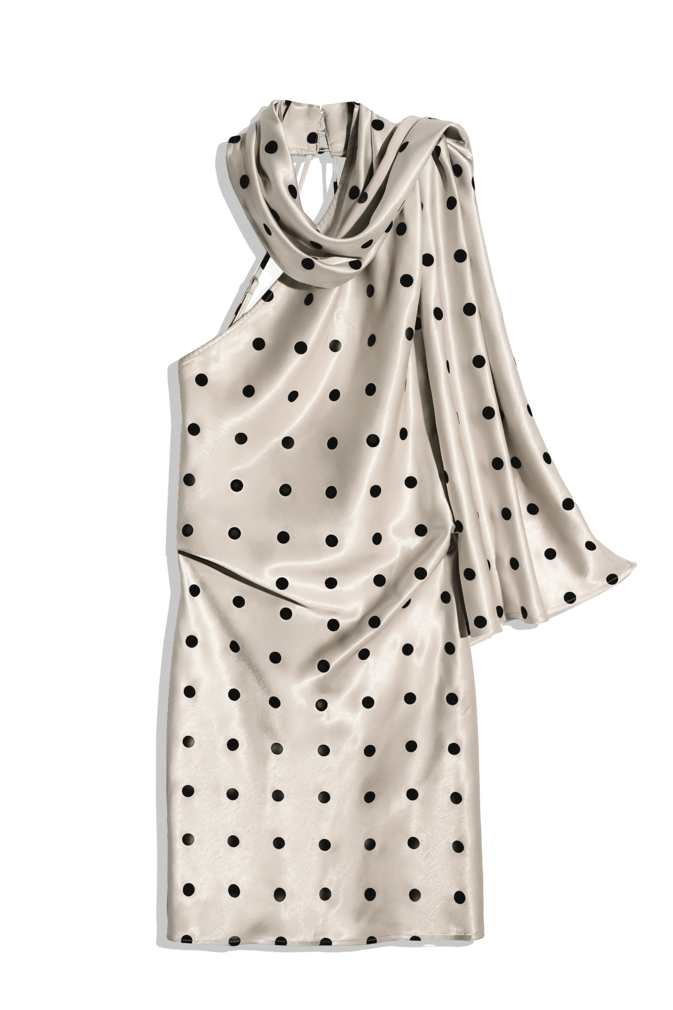 Атласное платье длины мини в горох. Модель по фигуре с вырезом халтер, застежкой на шее на пуговицы, открытой спинкой и тонкими регулируемыми бретельками. Изделие декорировано длинным шарфом.