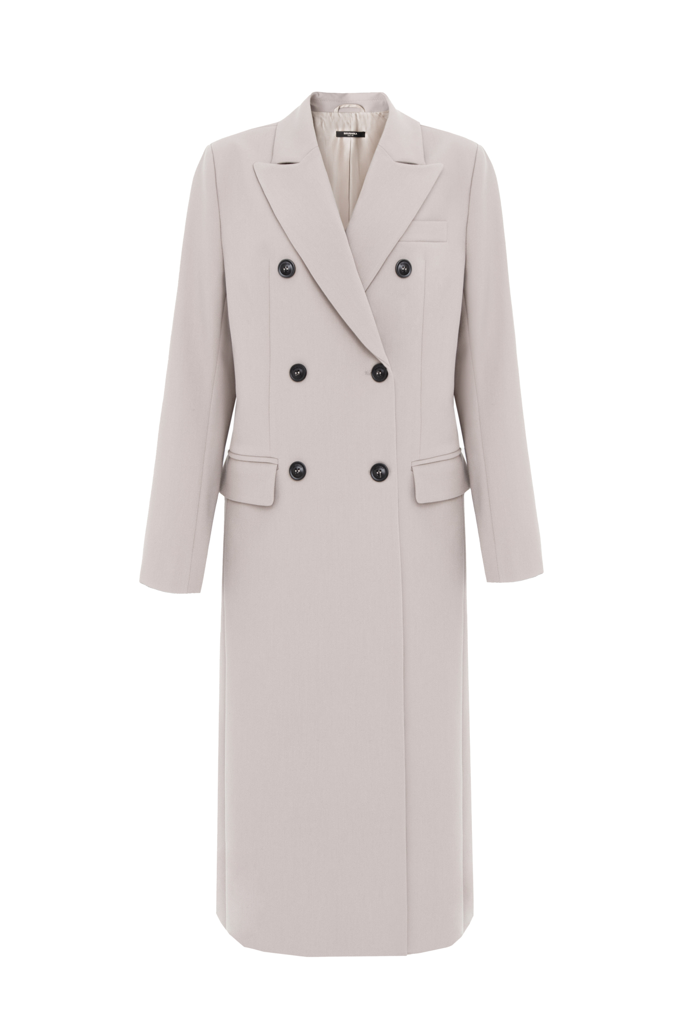 Двубортное тонкое пальто из поливискозы с карманами по бокам. Застежка на пуговицы.
