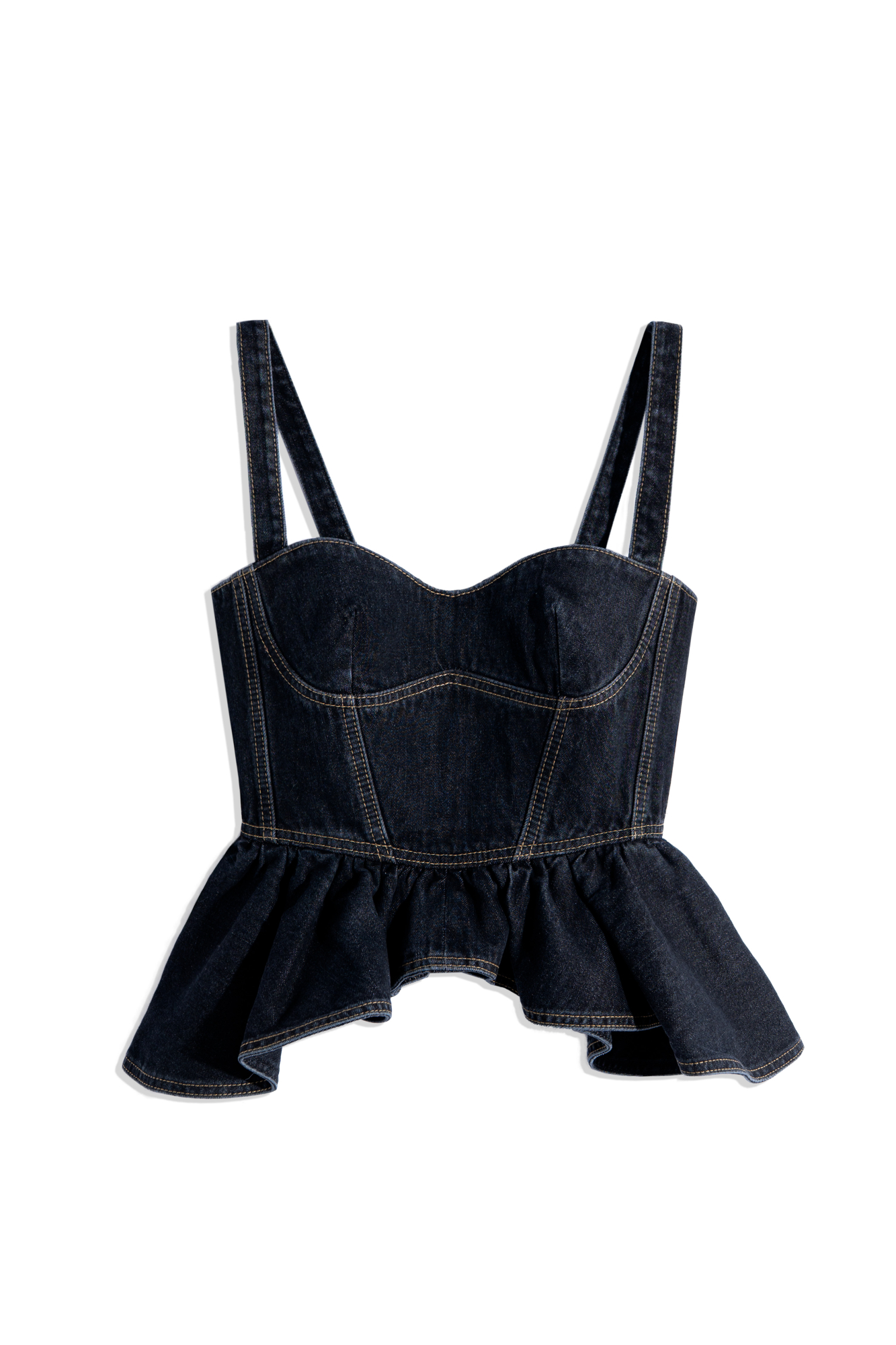 Джинсовый топ из 100% хлопка. Модель приталенного силуэта на широких бретельках, с фигурным лифом, акцентными строчками и баской. Застежка на молнию сзади. 