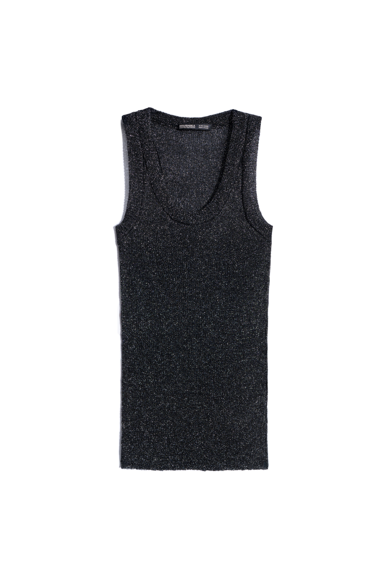 Трикотажный топ из вискозы с люрексом. Модель с U-образным вырезом горловины и широкими бретелями.