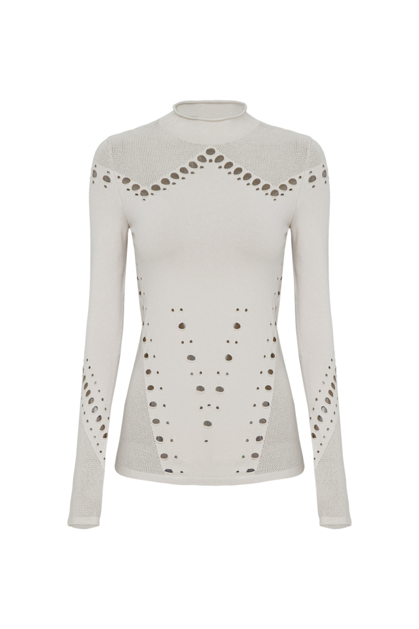 Трикотажная длинная водолазка из тонкой эластичной вискозы. Модель облегающего силуэта, с длинными рукавами и невысоким воротником-стойкой. Изделие выполнено в комбинированной технике вязки, сочетающей гладь и сетку.&nbsp;&nbsp;Водолазка декорирована вырезами, создающими геометрический узор.