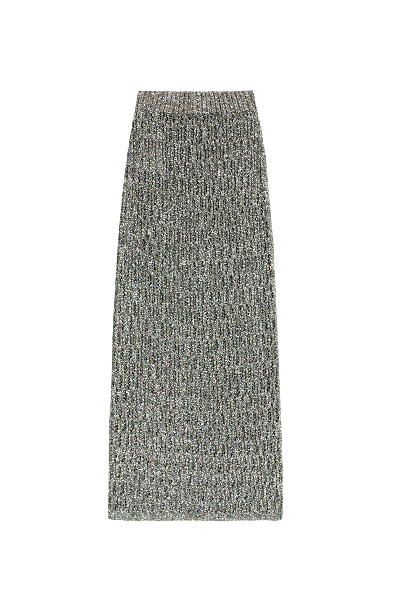 Ажурная юбка длины миди из хлопка с добавлением вискозы. Модель по фигуре, с широким эластичным поясом в рубчик. Изделие декорировано голографическими пайетками. Без подкладки. 