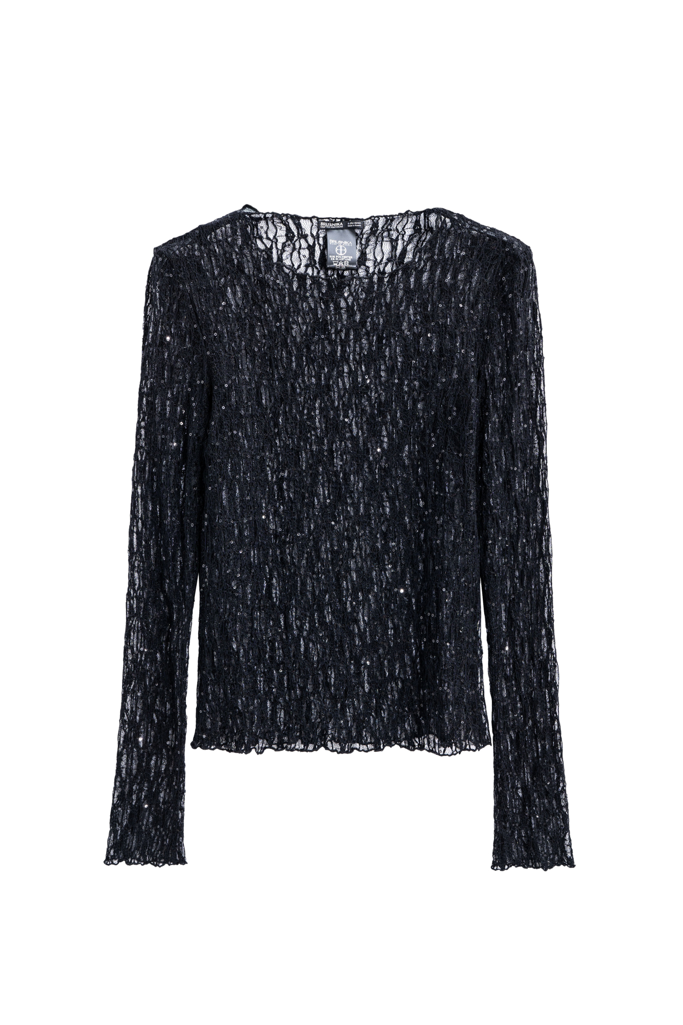 Кружевной лонгслив, декорированный пайетками. Модель по фигуре с горловиной лодочкой.