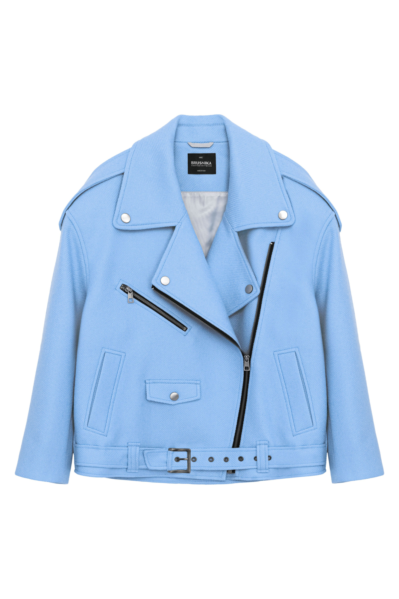 Жакет-косуха из смесовой шерсти. Модель свободного силуэта со спущенной линией плеч и косой застежкой. Изделие декорировано эполетами на плечах, широким поясом с пряжкой на талии, боковыми и нагрудным карманом. Изделие на подкладке.