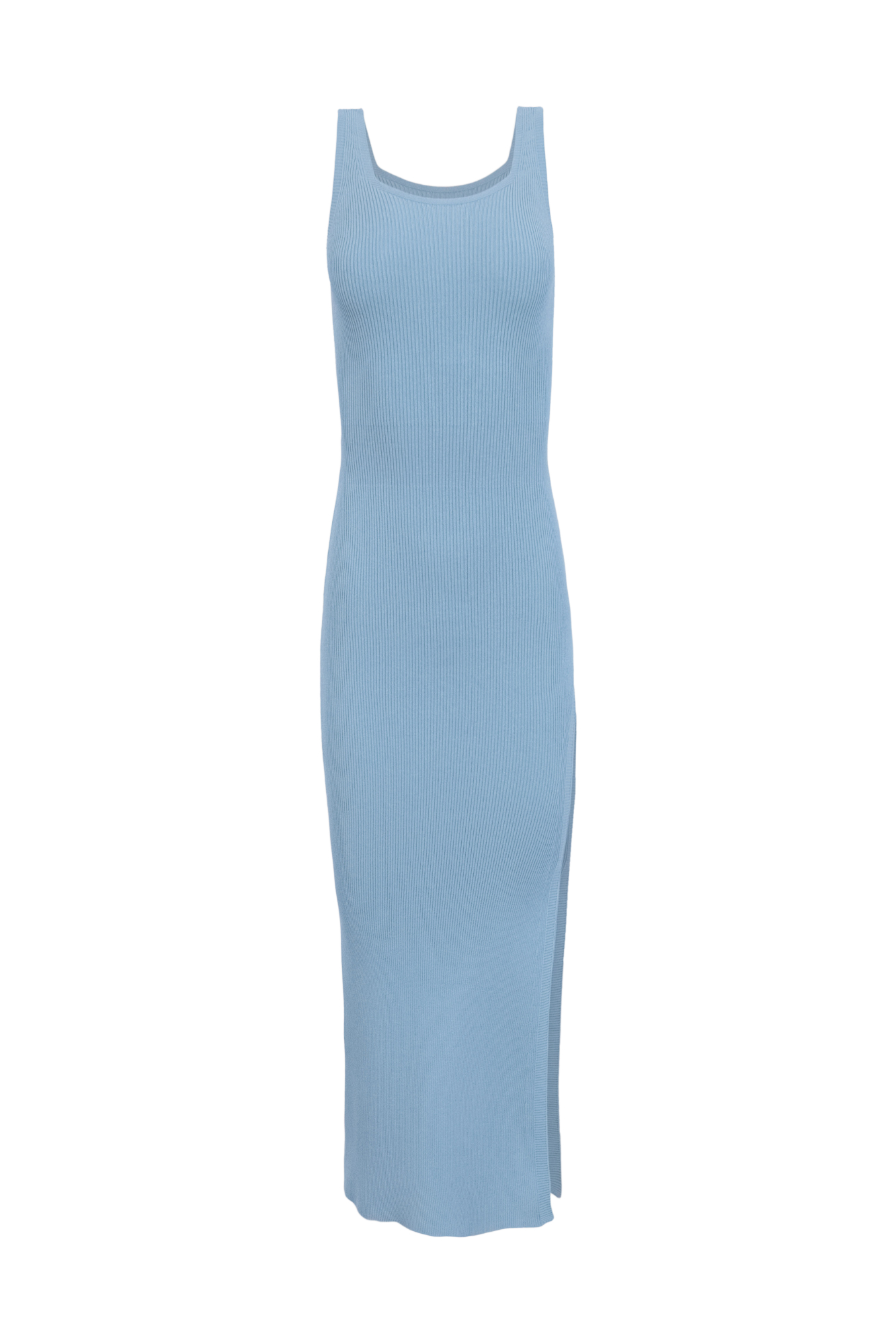 Трикотажное платье длины миди из вискозы в рубчик. Модель приталенного силуэта, без рукавов, на широких бретельках, с неглубоким U-вырезом и разрезом от середины бедра.