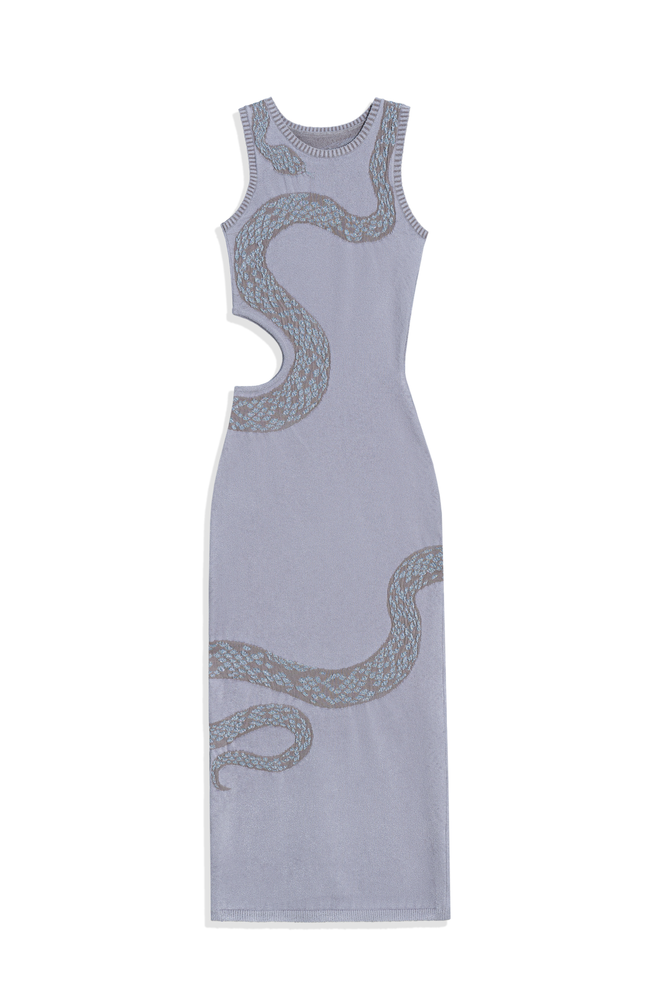 Трикотажное платье длины макси из вискозы. Модель приталенного силуэта, без рукавов, круглым вырезом горловины и вырезом на талии. Края изделия выполнены в рубчик. Ключевой деталью платья является принт в виде змеи, опоясывающий силуэт.