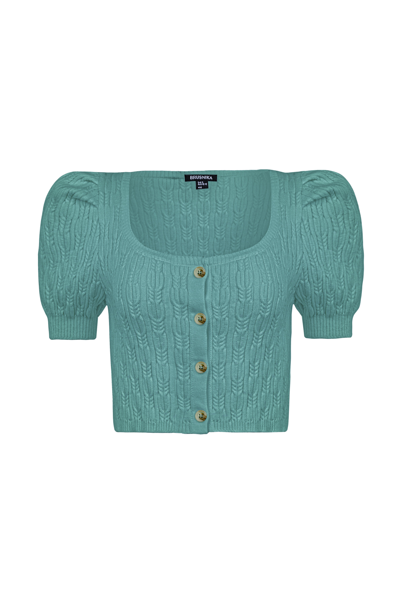 Трикотажный топ из хлопка с добавлением вискозы. Короткие рукава-фонарики и застежка на пуговицах.