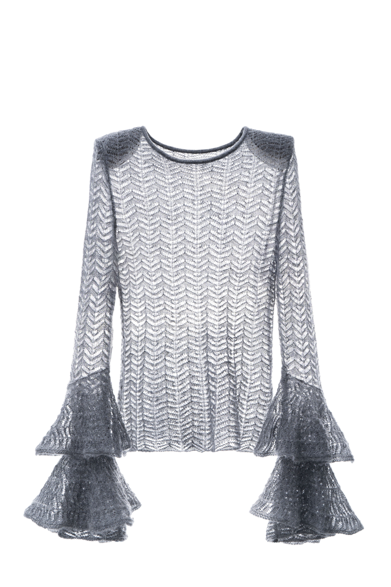 Трикотажный ажурный джемпер из шерсти с добавлением мохера. Модель по фигуре с круглым неглубоким вырезом горловины и подплечниками. Изделие декорировано ажурными воланами на манжетах.