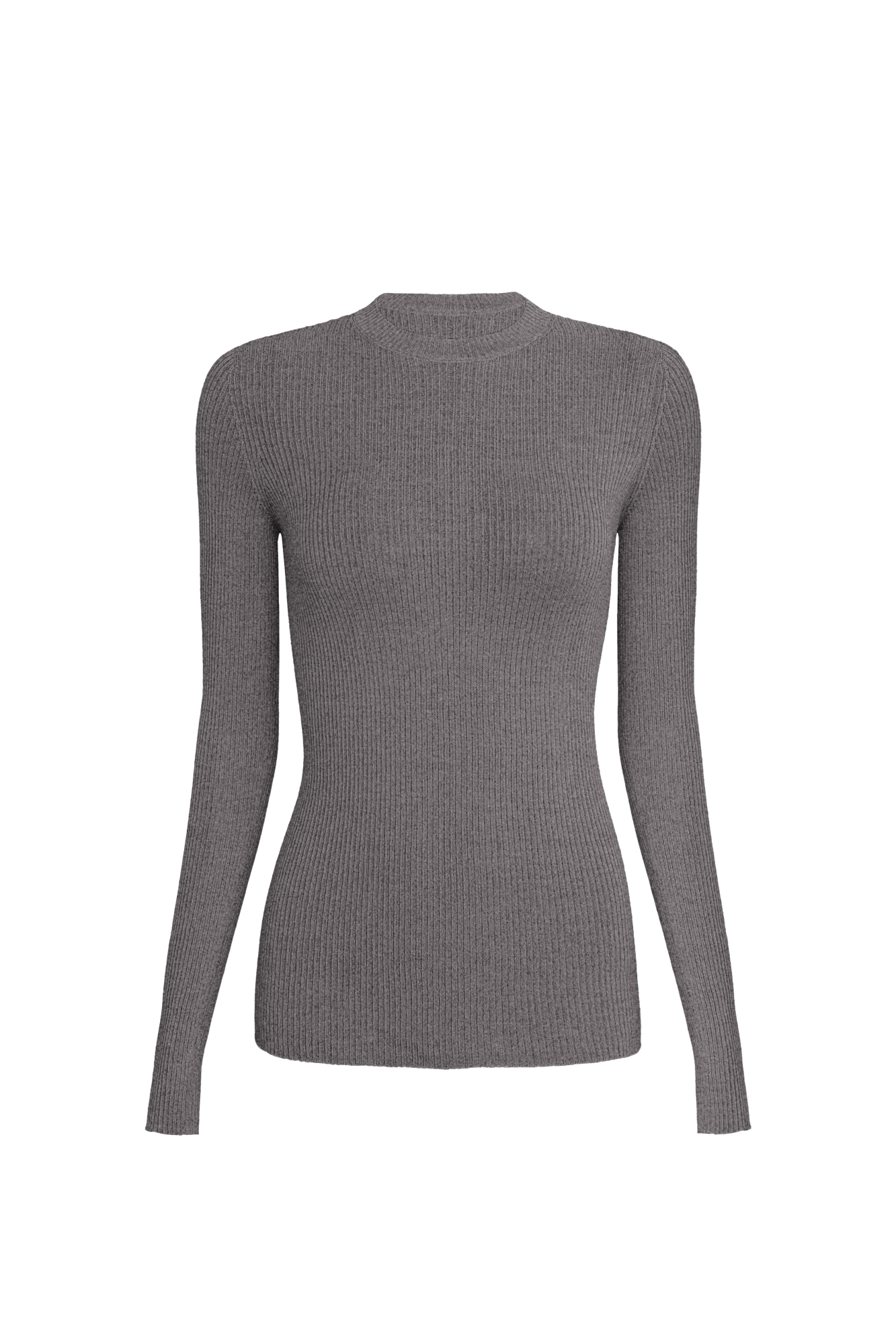 Цельновязаная полупрозрачная водолазка из шерсти. Модель с длинными рукавами и круглым вырезом. Изделие выполнено в рубчик.