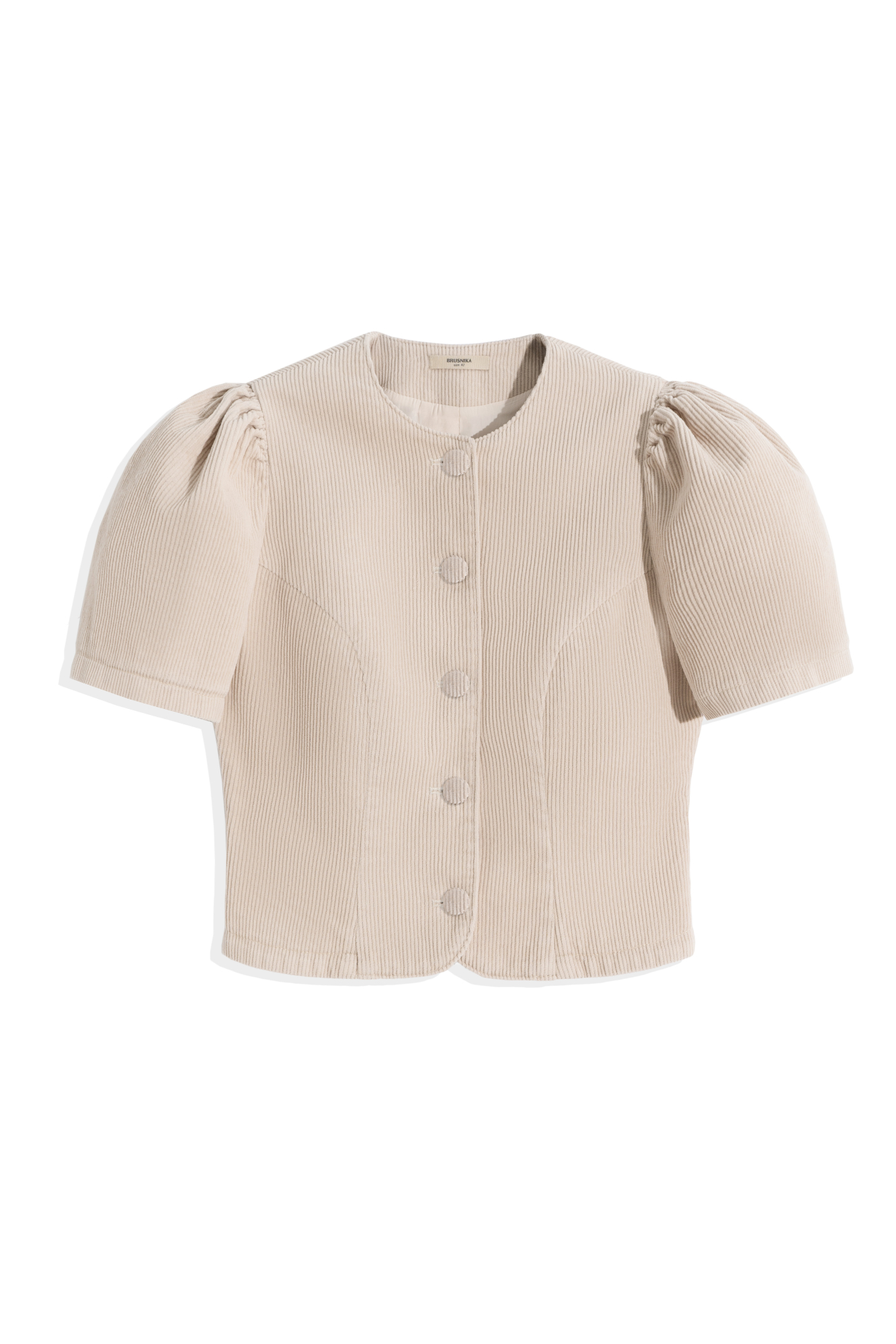 Однобортный вельветовый жакет без лацканов. Модель приталенного силуэта с вытачками по фигуре и короткими рукавами-фонариками. Застежка на пуговицы. Изделие выполнено на подкладке. Дополнительный набор пуговиц в комплекте.