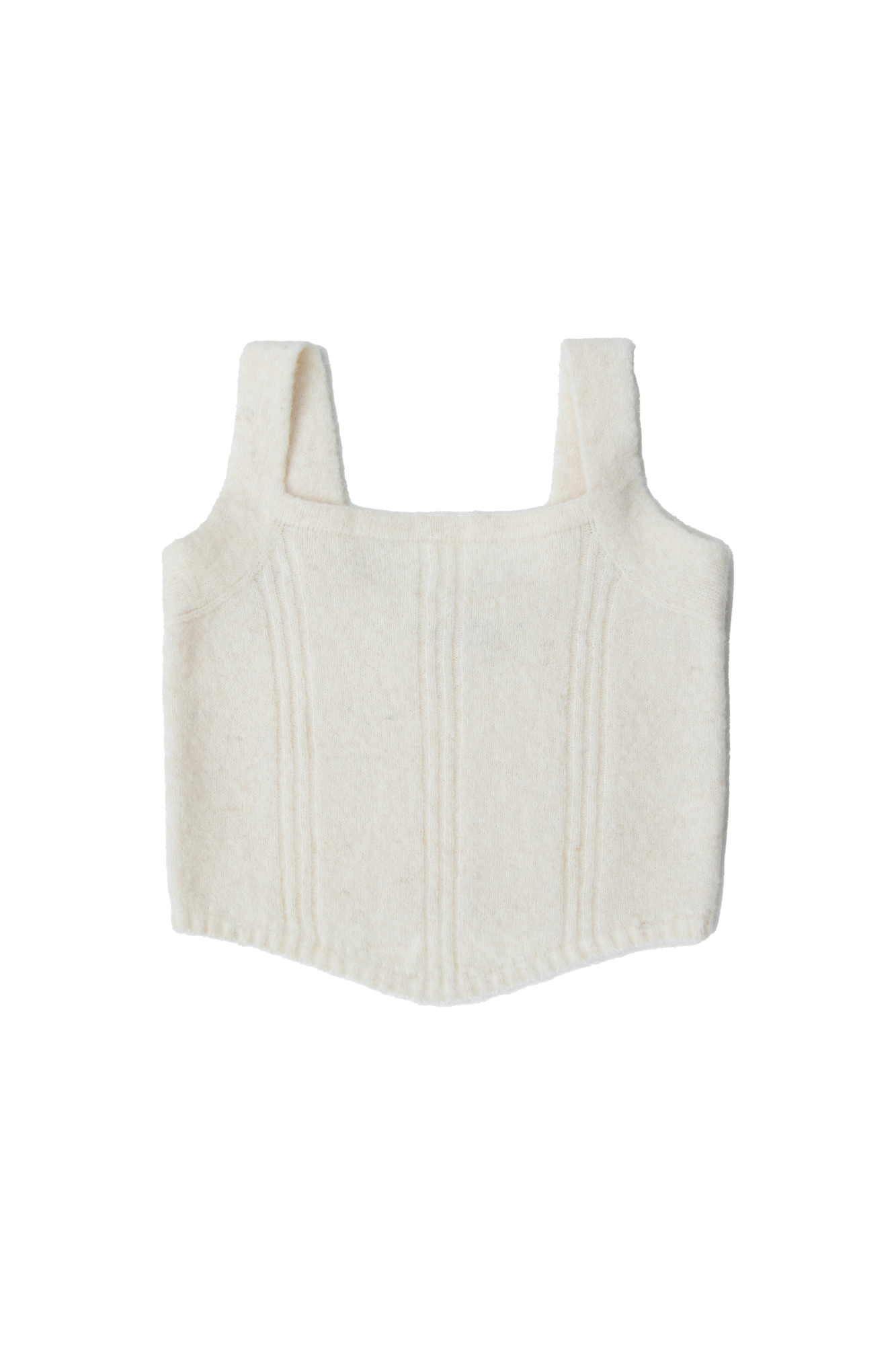 Трикотажный укороченный топ из шерсти альпака. Модель на бретелях. Дополнить образ можно кардиганом из того же материала.