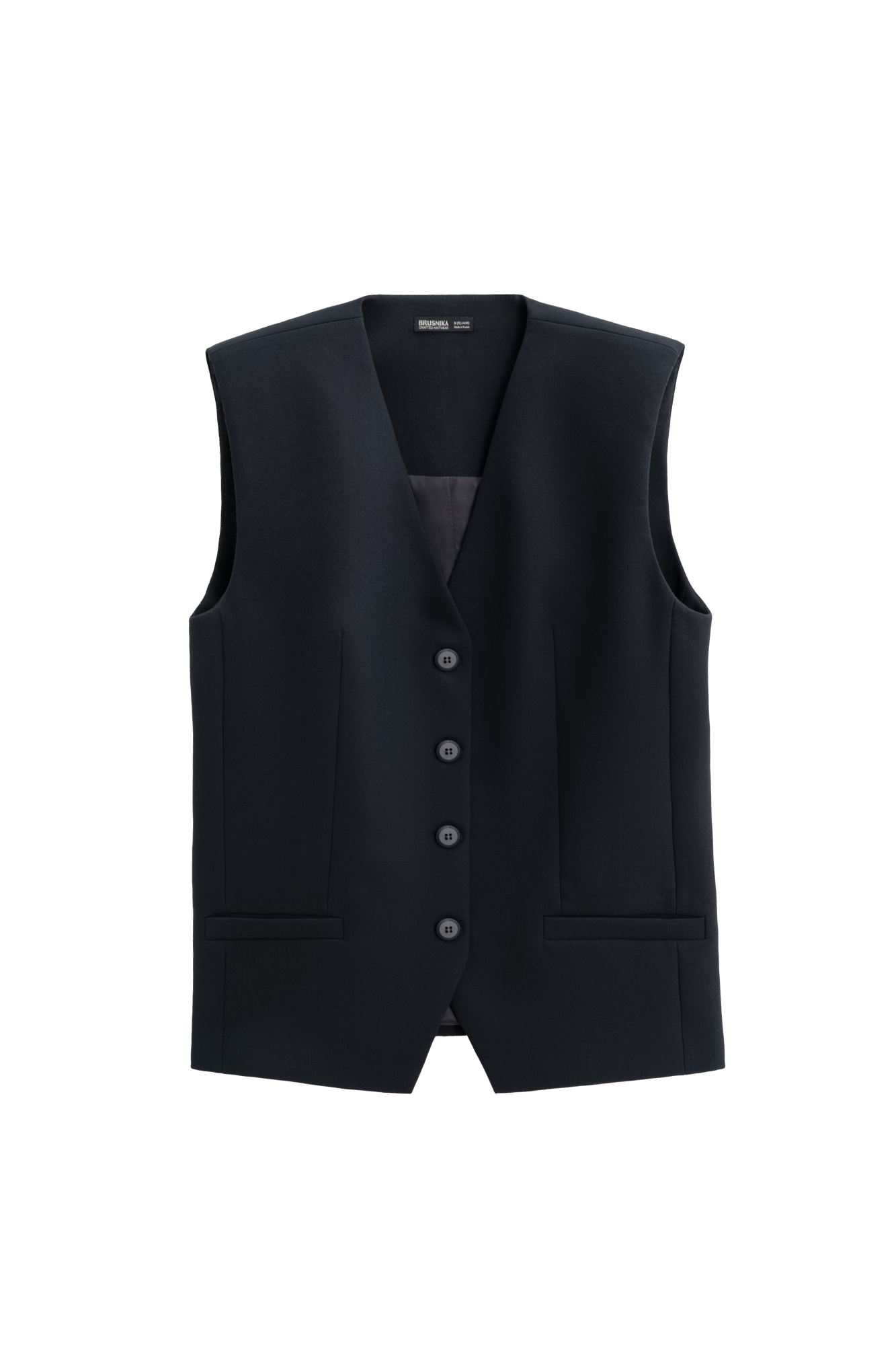 Классический жилет из поливискозы. Модель прямого кроя с имитацией карманов и V-образным вырезом. Изделие на подкладке. Застежка на пуговицы.