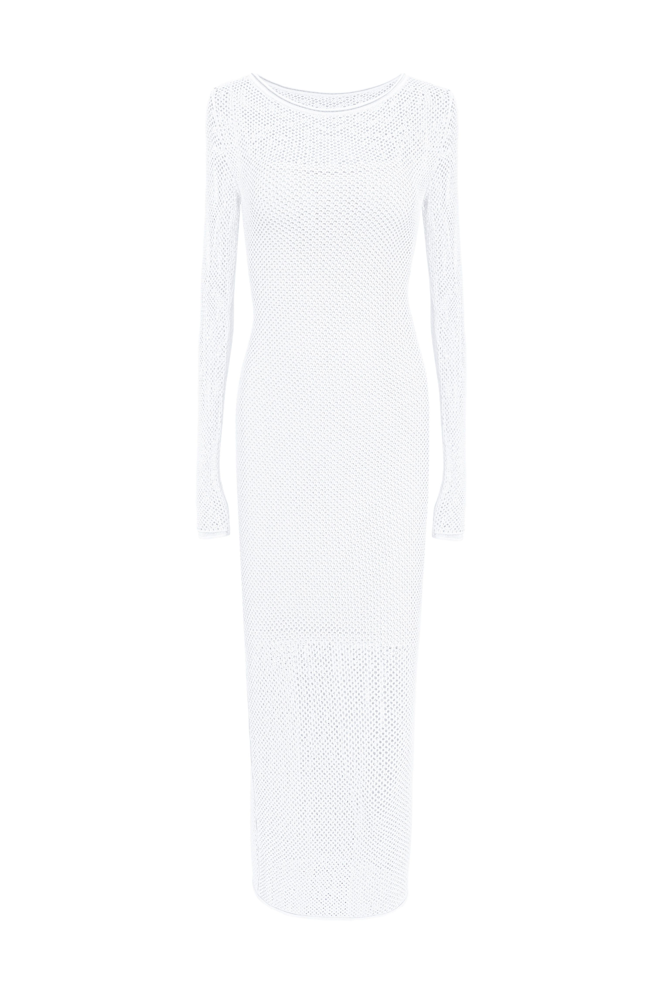 Трикотажное платье из вискозы с длинным рукавом. Модель приталенного силуэта длины макси, выполнена полностью ажурным переплетением с имитацией "сетки". В комплекте нижнее платье-комбинация.