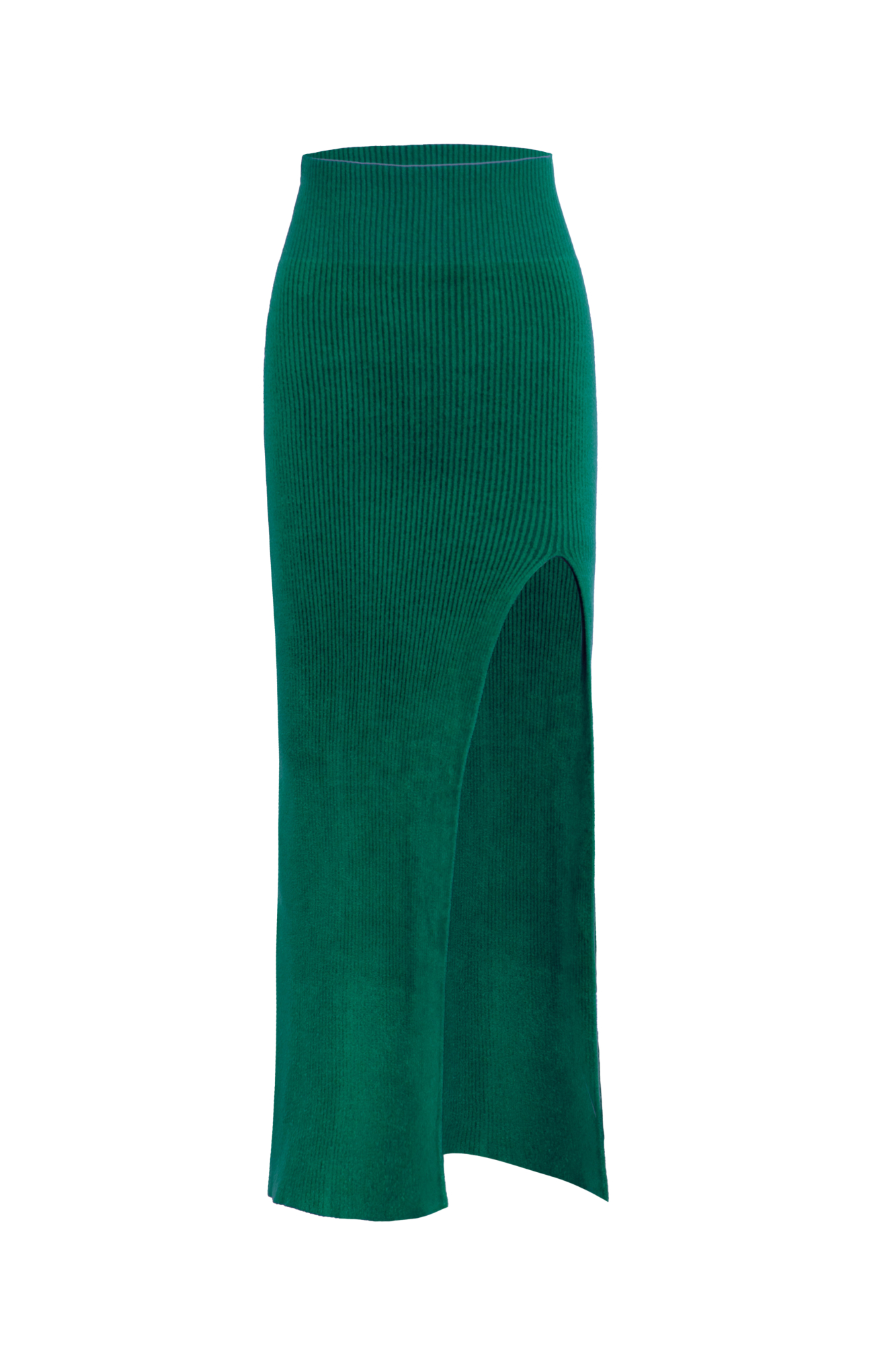 Трикотажная юбка длины миди из вискозы в рубчик. Модель приталенного силуэта с широким эластичным поясом и высоким разрезом спереди.
