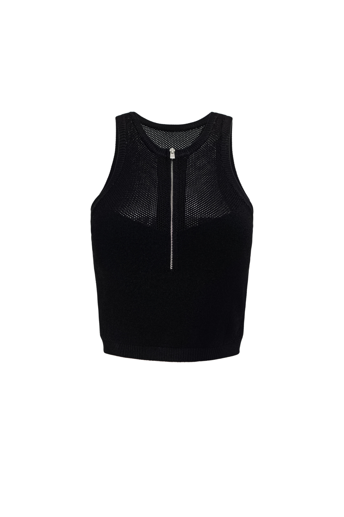 Трикотажный топ из вискозы. Модель укороченного кроя, без рукавов, с глубокой проймой и застежкой на молнию. Края изделия выполнены в рубчик.