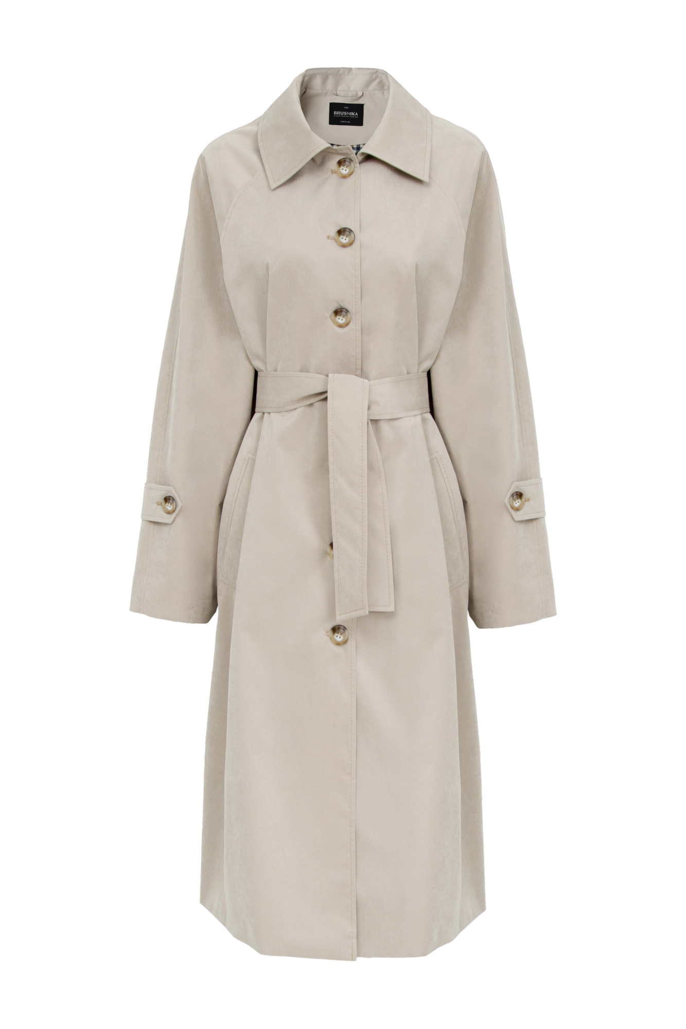 Oversize тренч с декоративными разрезами по бокам. Подкладка из клетчатой ткани, широкий пояс из основного материала, боковые карманы. Длинные рукава с патами на манжетах и разрезами. Застежка на пуговицы.