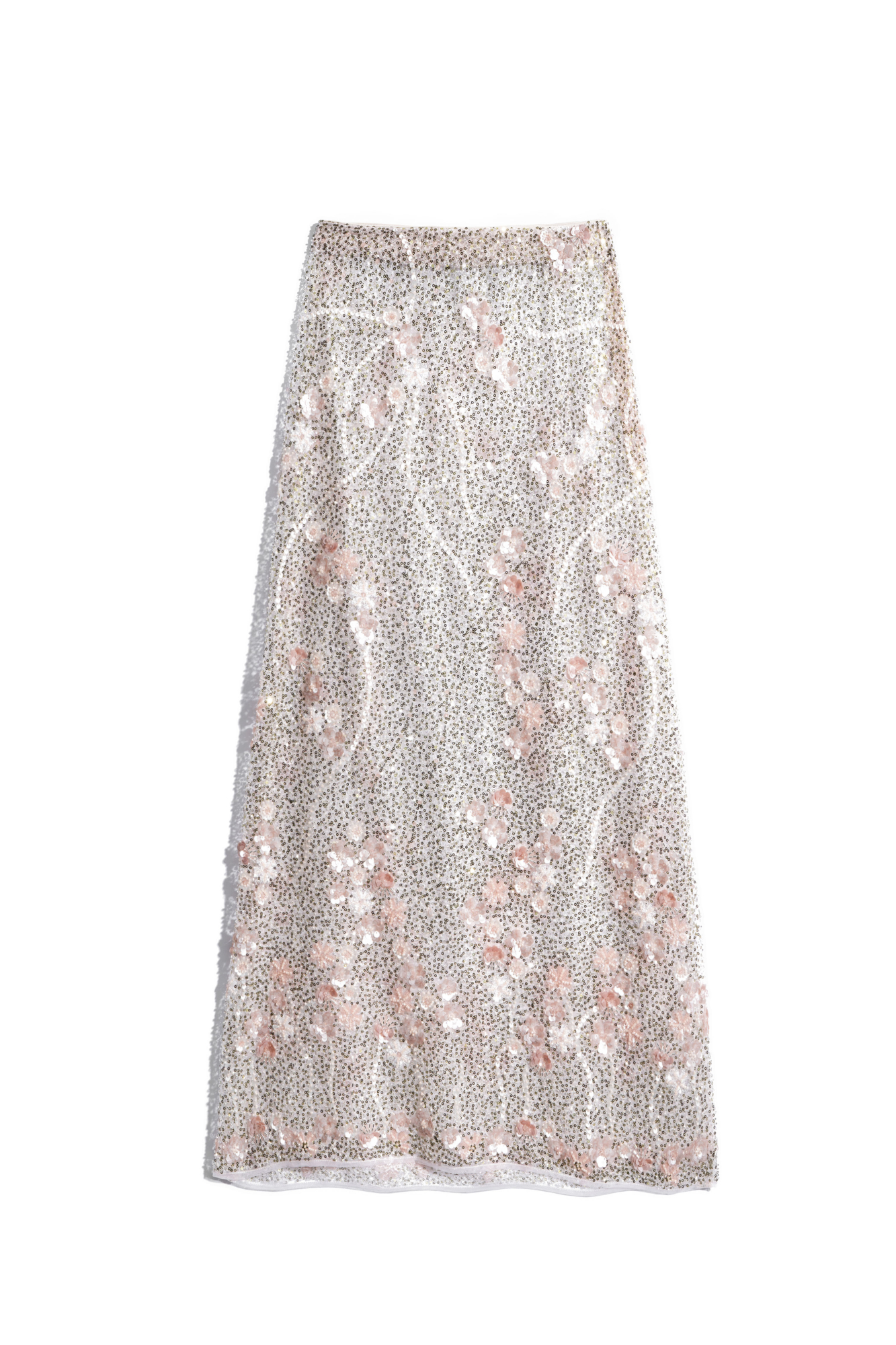 Юбка длины макси с цветочным орнаментом, вышитым пайетками и бисером. Застежка на потайную молнию. Изделие без подкладки.