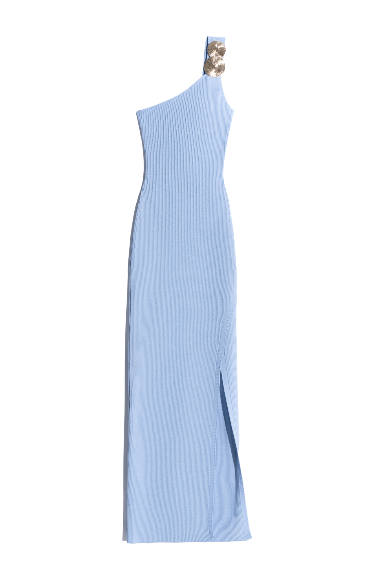 Платье длины макси на одно плечо. Изделие выполнено в рубчик и декорировано акцентным элементом на плече и перекрутом на спине. Модель приталенного силуэта с разрезом спереди.