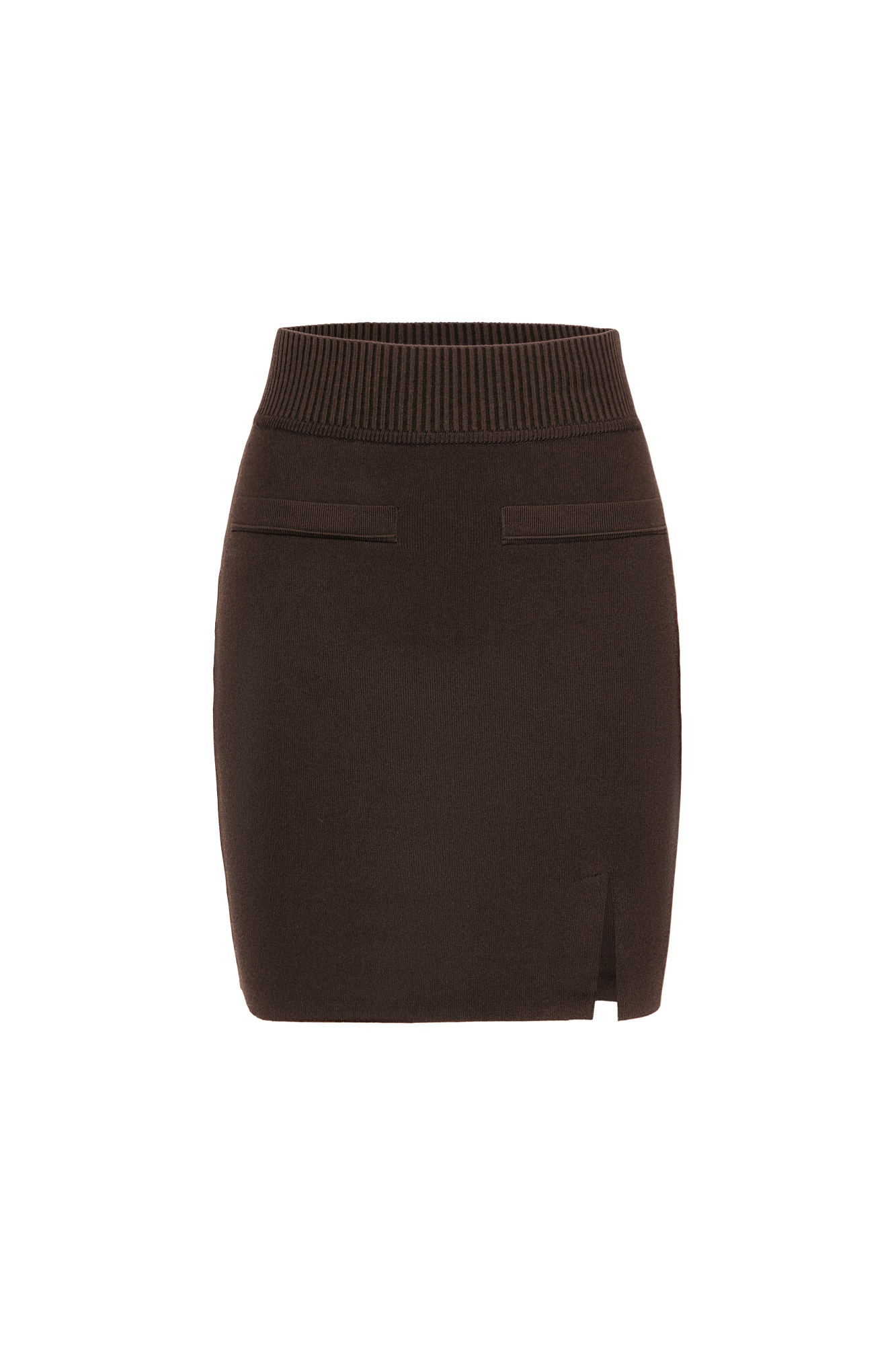 Классическая трикотажная юбка длины мини из вискозы с добавлением эластана. Модель приталенного силуэта с эластичным поясом на резинке и карманами. Изделие декорировано небольшим разрезом спереди.
