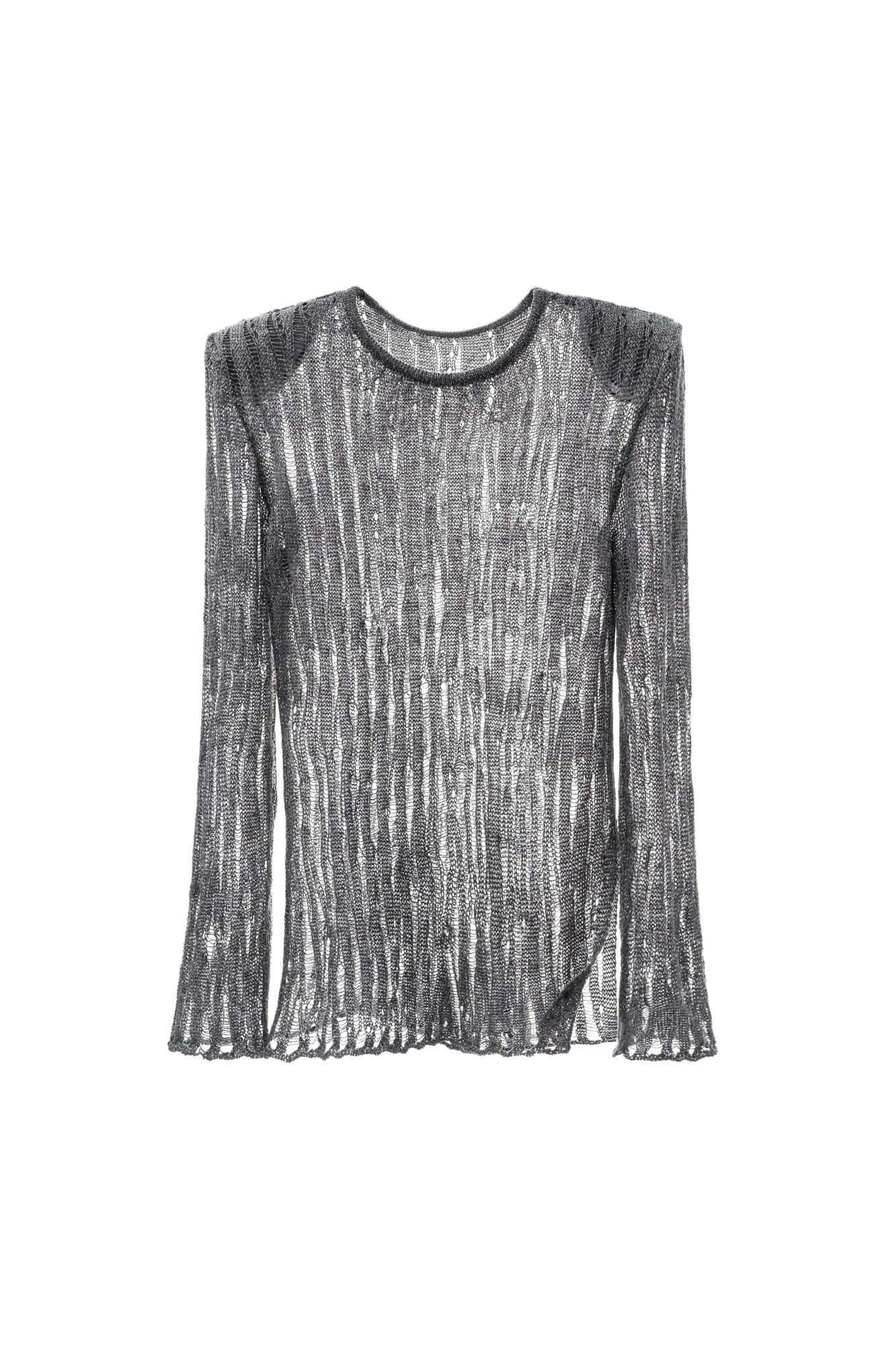 Полупрозрачный джемпер, выполненный изо льна с добавлением люрекса. Модель по фигуре с круглым вырезом горловины и невысоким разрезом сбоку. Изделие с подплечниками.